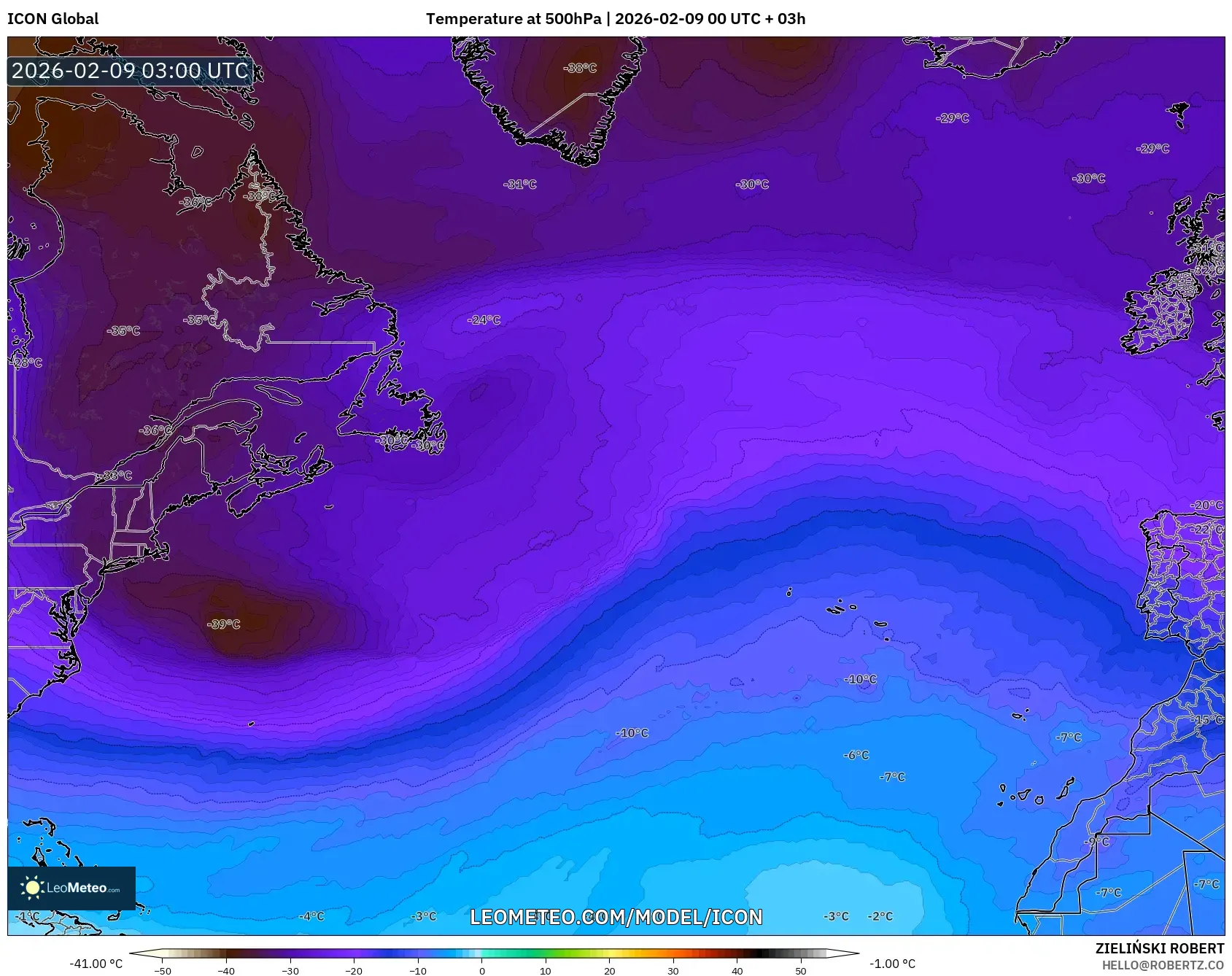 ICON model - Atlantik Utara, Suhu 500 hPa
