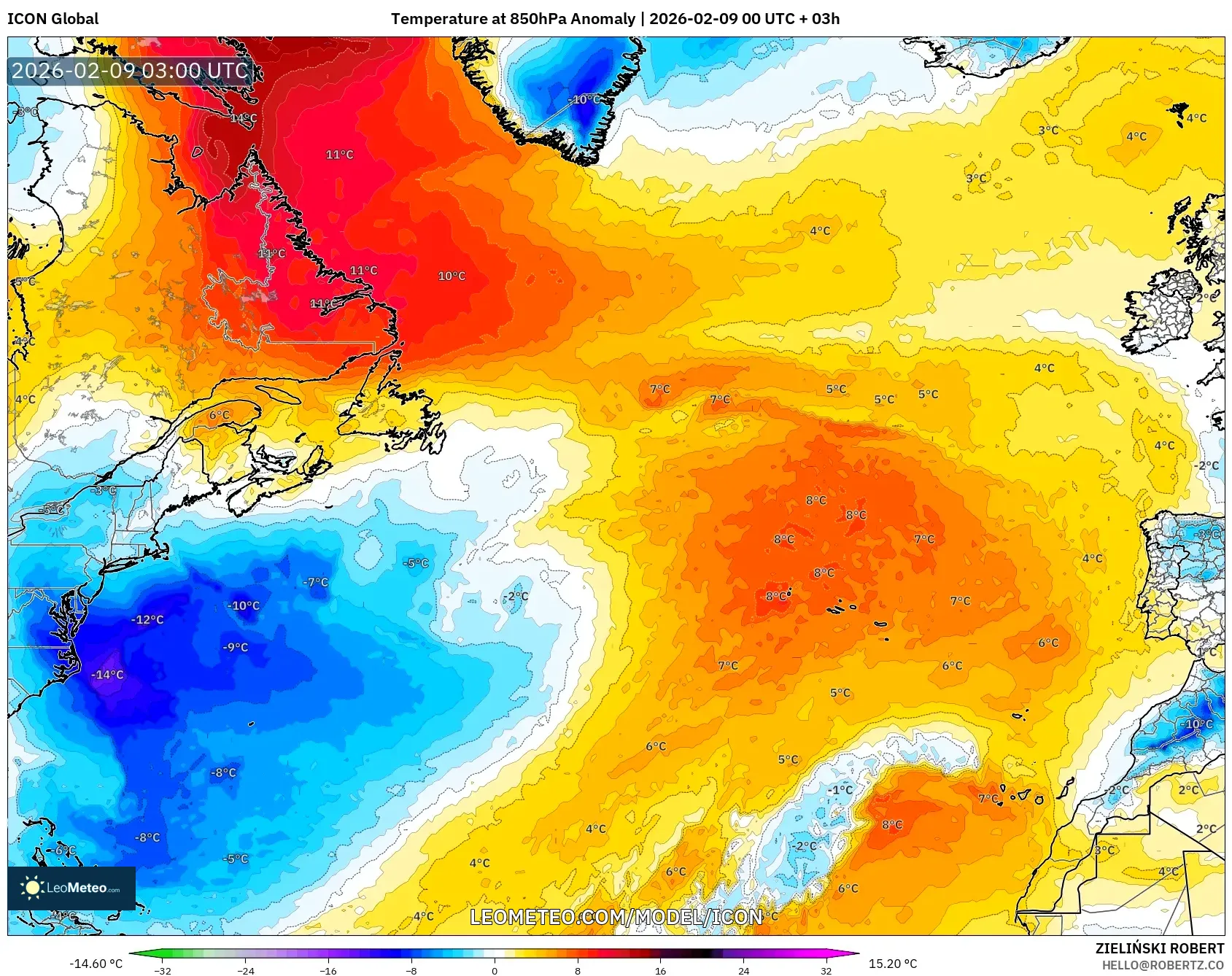 ICON model - Atlantik Utara, Anomali Suhu 850 hPa