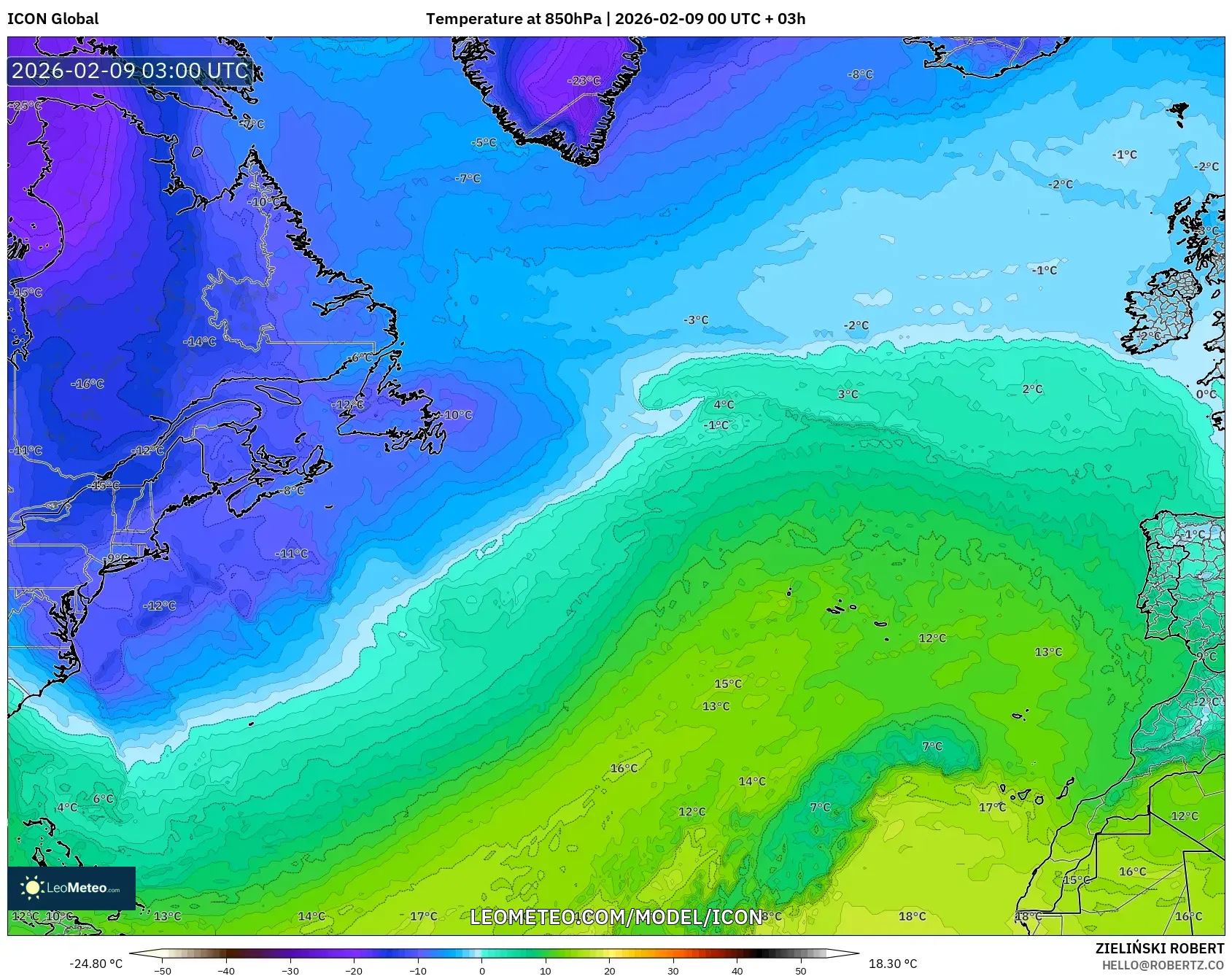 ICON model - Atlantik Utara, Suhu 850 hPa