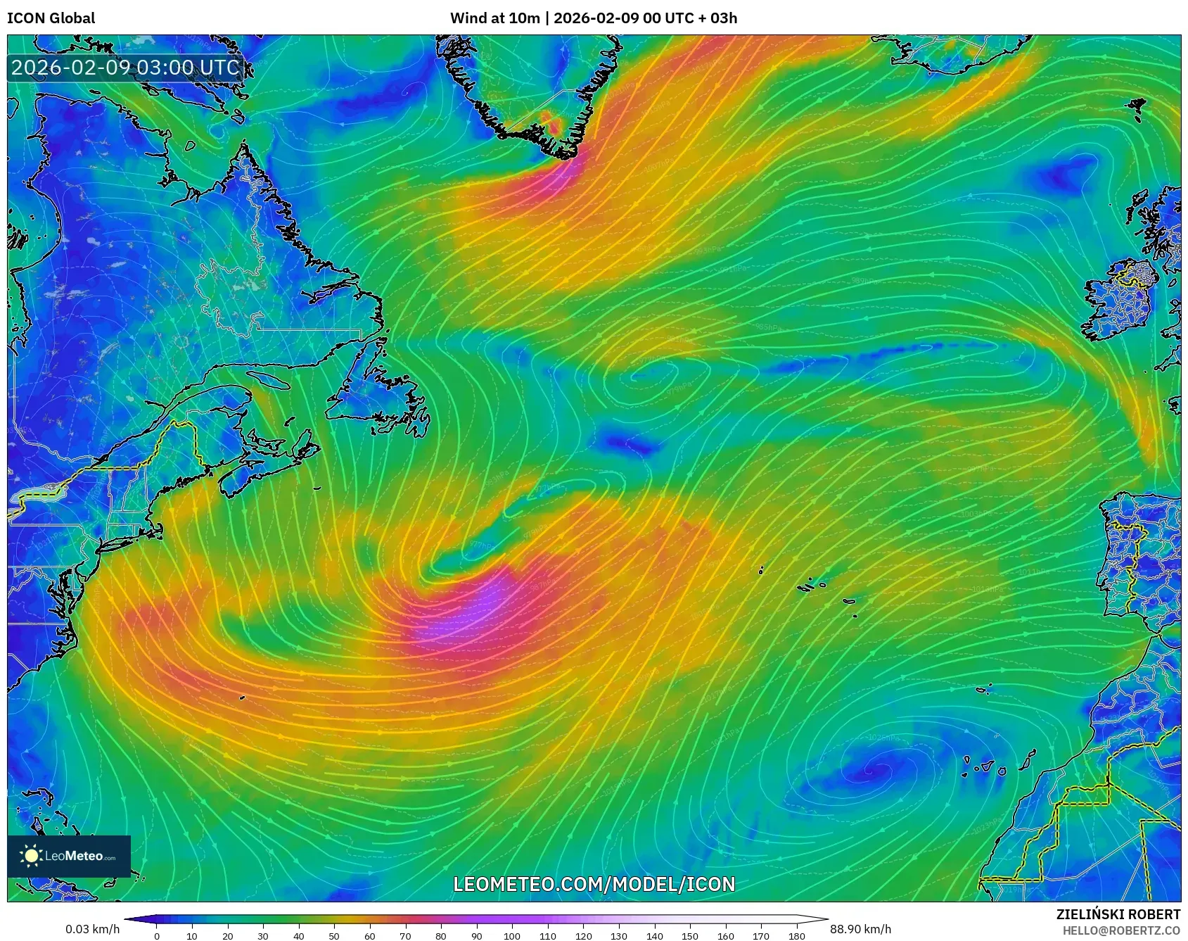 ICON model - Atlantik Utara, Angin 10 m