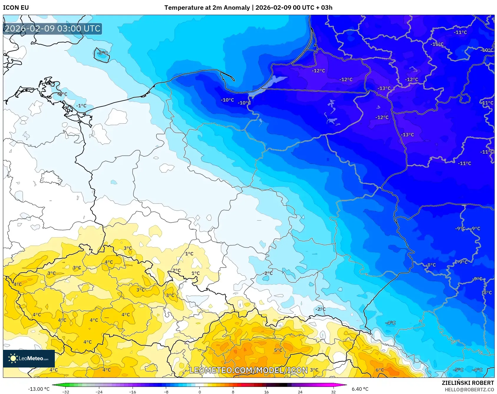 ICON model - Poland, Anomali Suhu 2 m