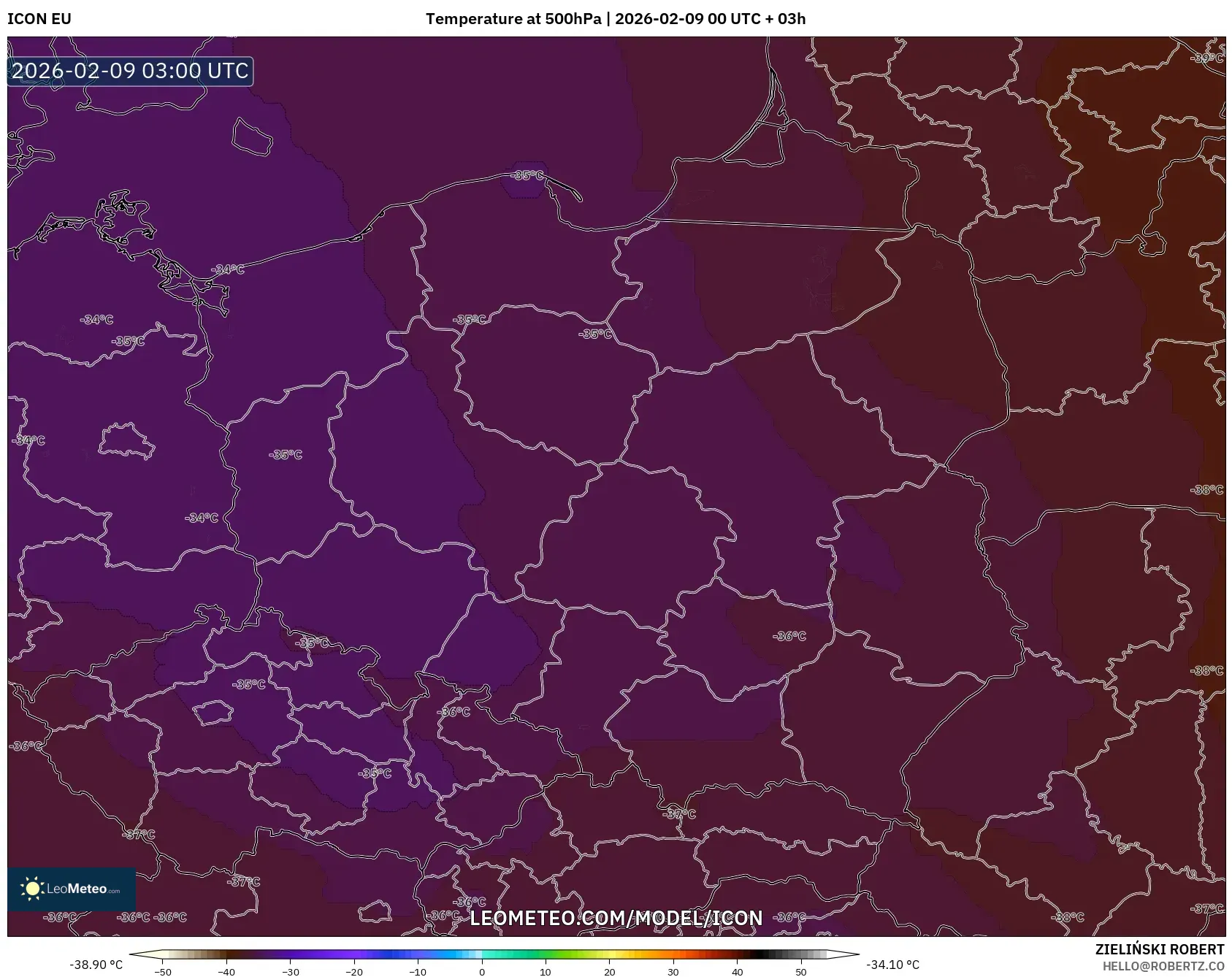 ICON model - Poland, Suhu 500 hPa