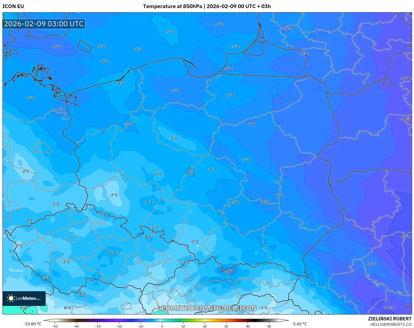 ICON model - Poland, Temperature at 850hPa