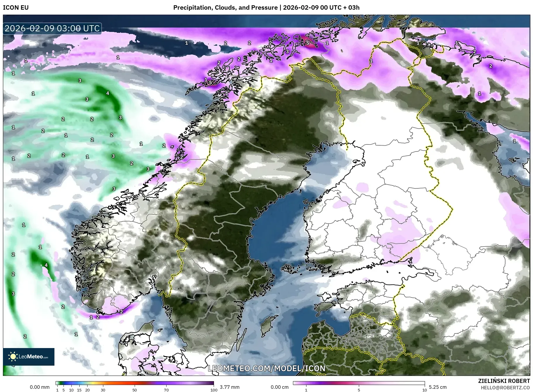 ICON model - Skandinavia, Hujan, Awan dan Tekanan