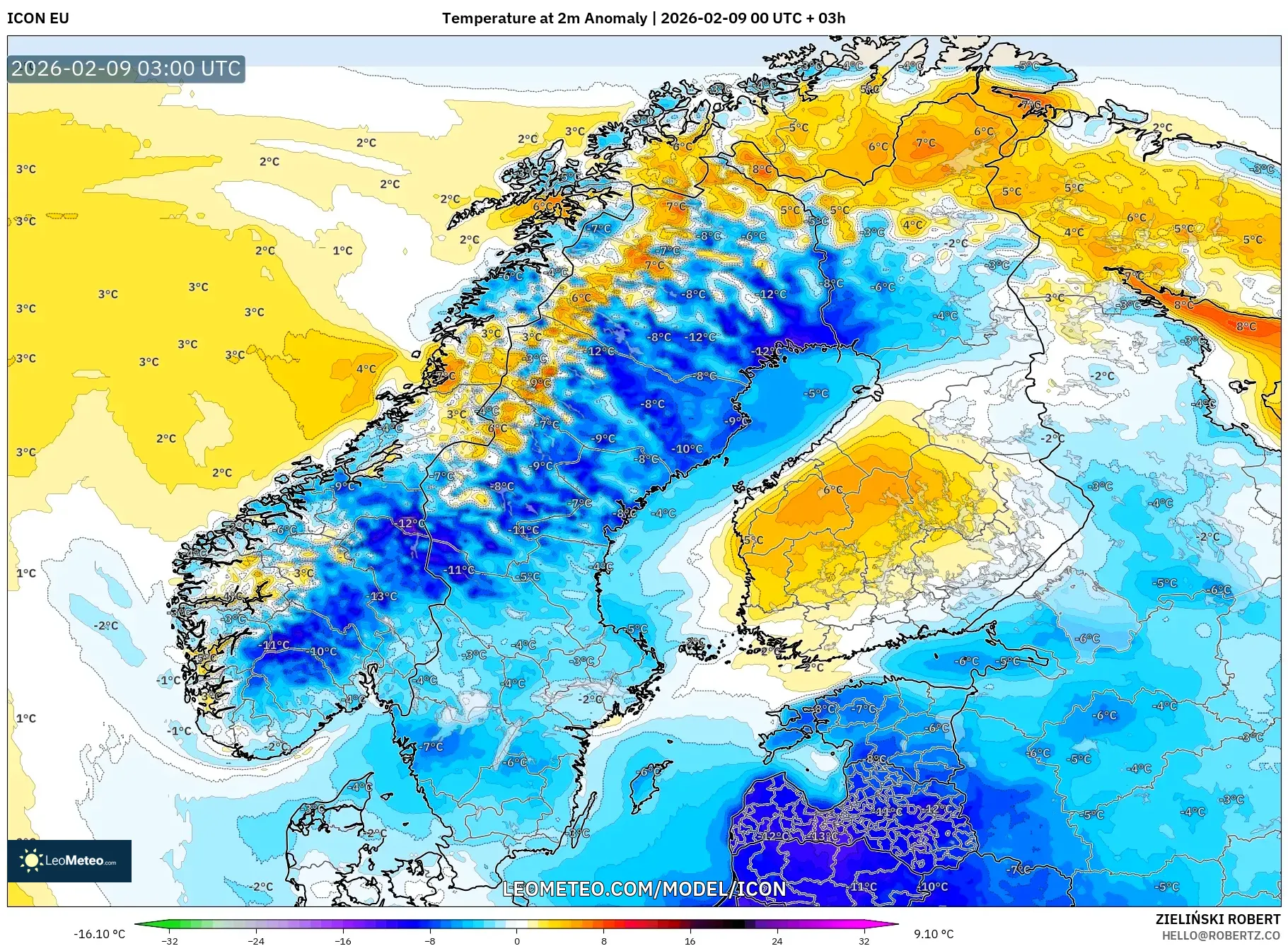 ICON model - Skandinavia, Anomali Suhu 2 m
