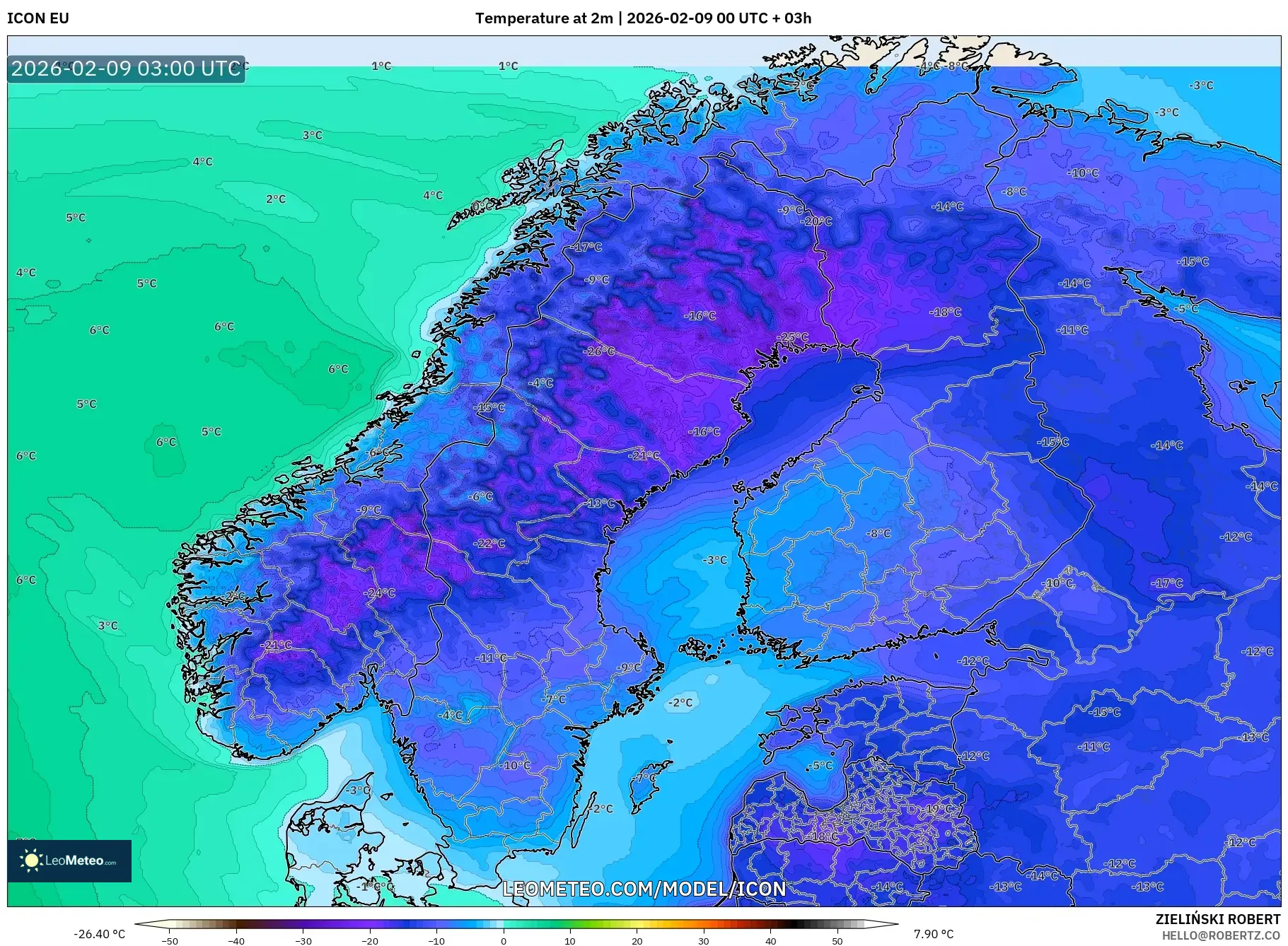 ICON model - Skandinavia, Suhu pada 2 m