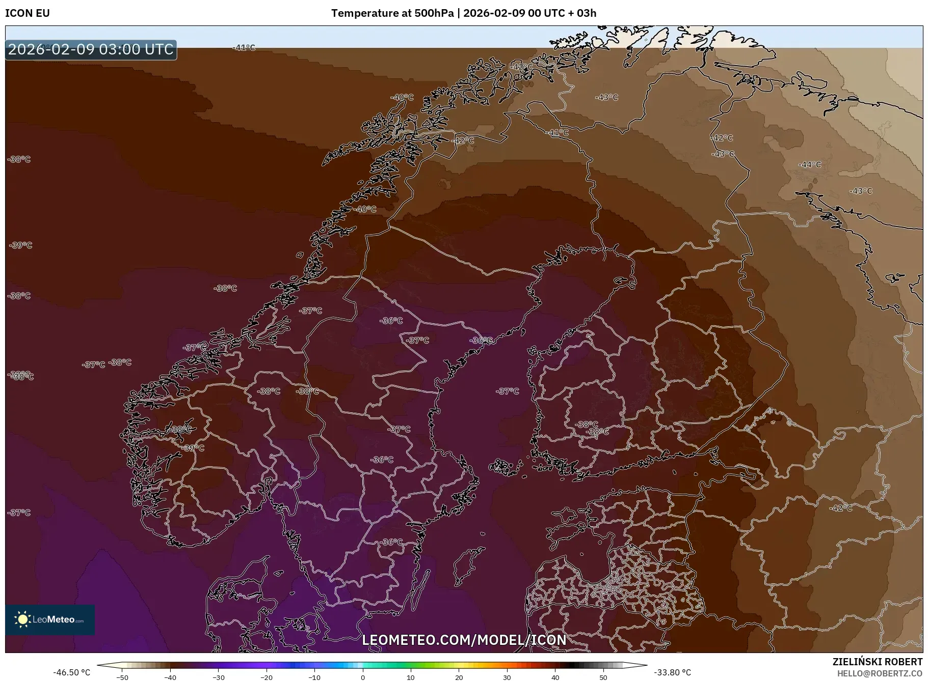 ICON model - Skandinavia, Suhu 500 hPa