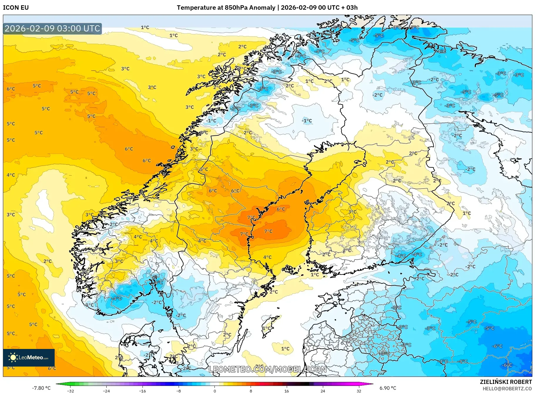 ICON model - Skandinavia, Anomali Suhu 850 hPa