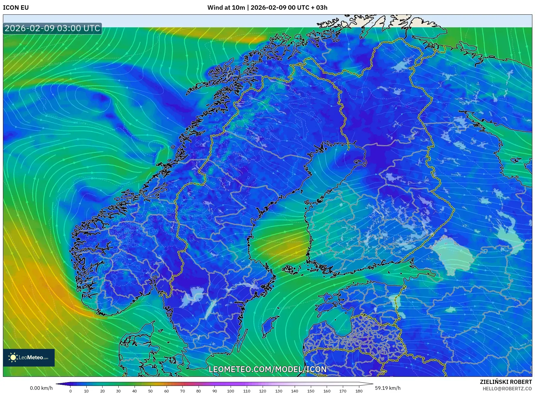 ICON model - Skandinavia, Angin 10 m