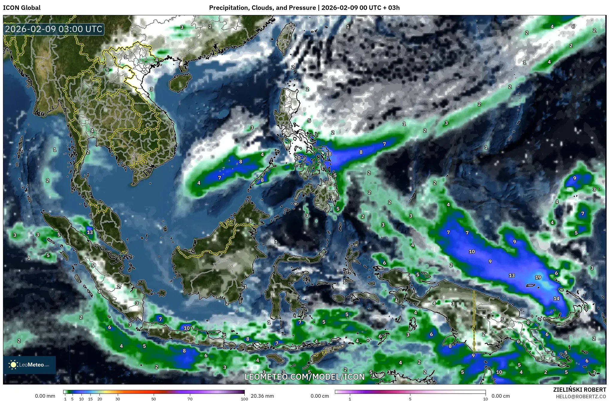 ICON model - Asia Tenggara, Hujan, Awan dan Tekanan