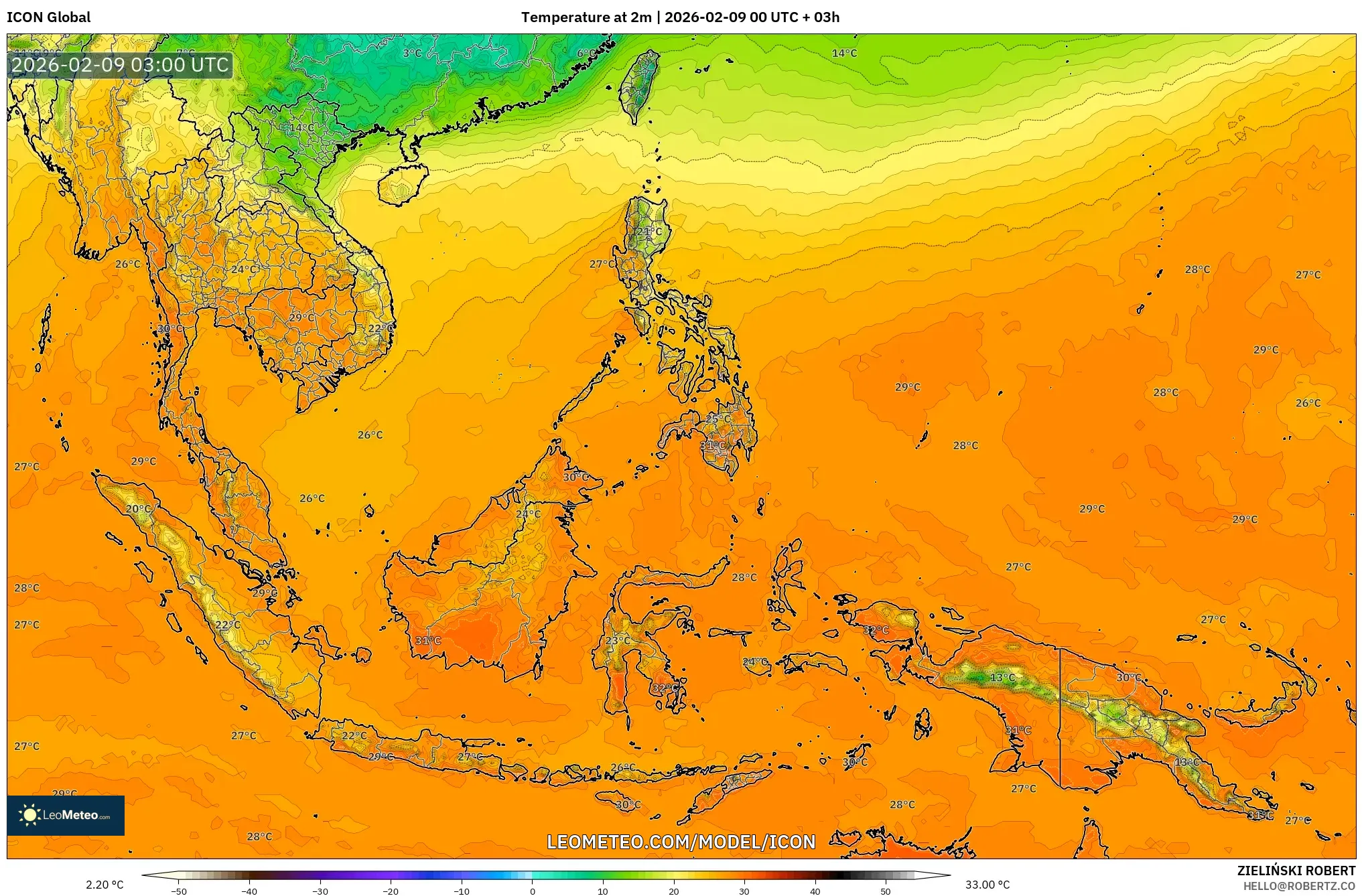 ICON model - Asia Tenggara, Suhu pada 2 m
