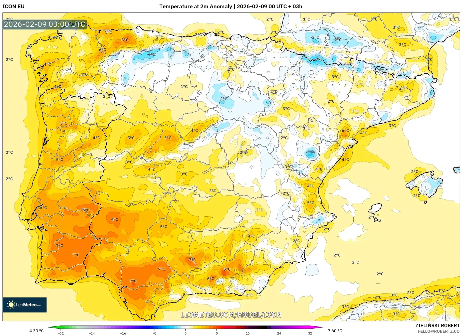 ICON model - Sepanyol, Anomali Suhu 2 m