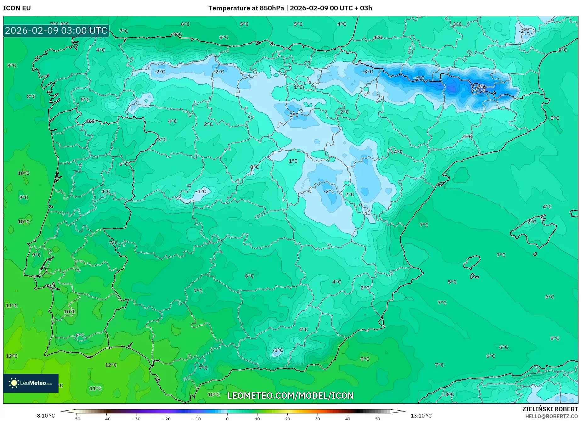ICON model - Sepanyol, Suhu 850 hPa