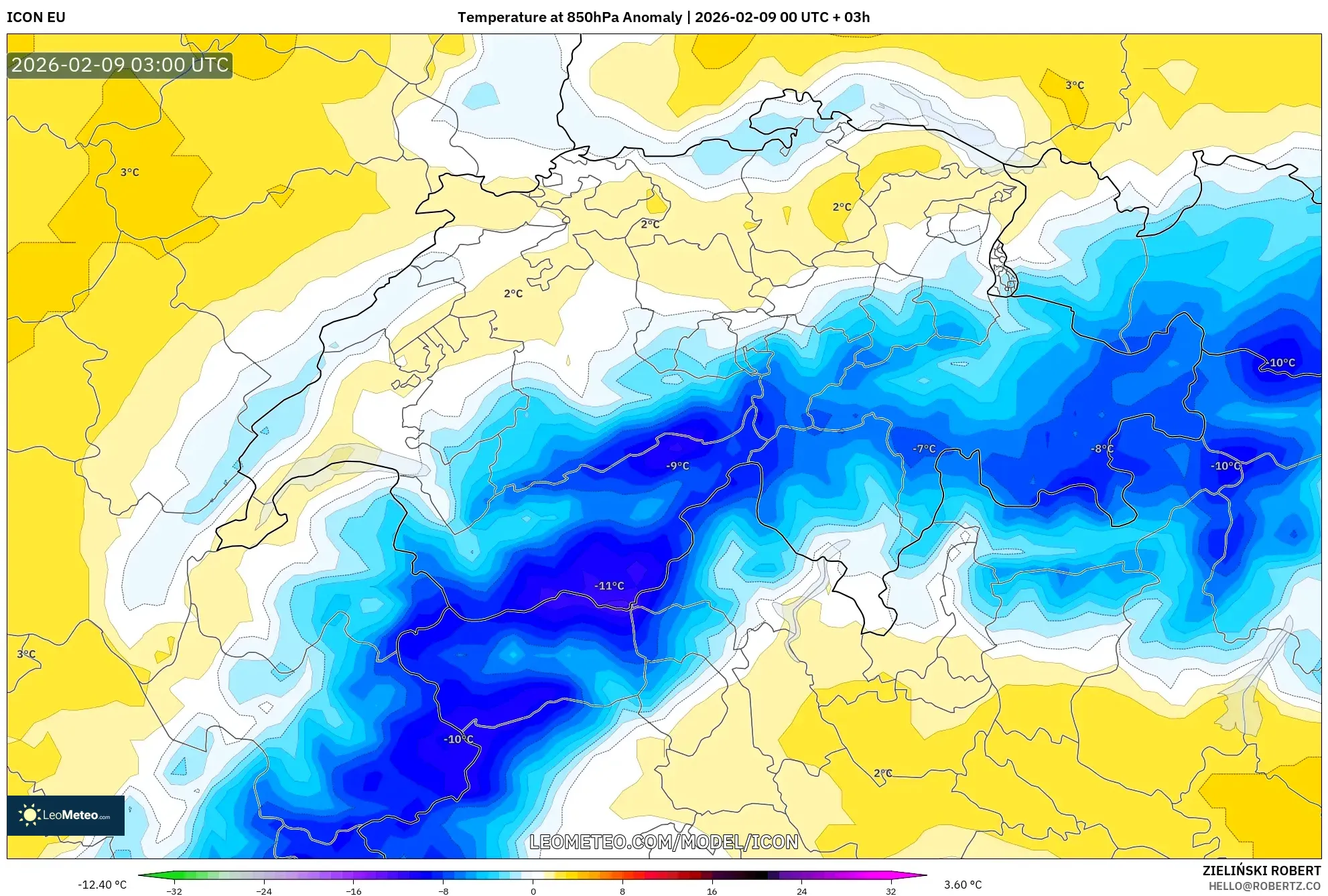 ICON model - Switzerland, Anomali Suhu 850 hPa