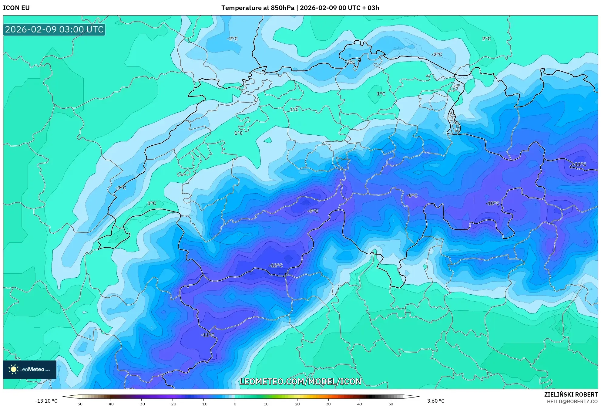 ICON model - Switzerland, Suhu 850 hPa
