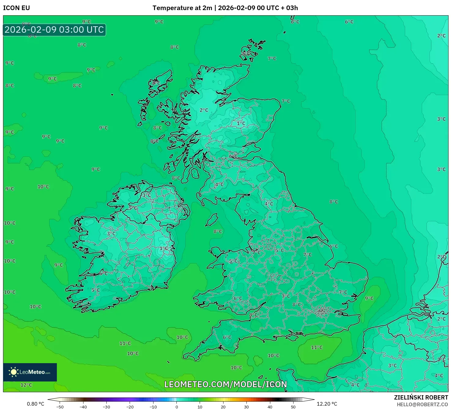 ICON model - United Kingdom, Suhu pada 2 m