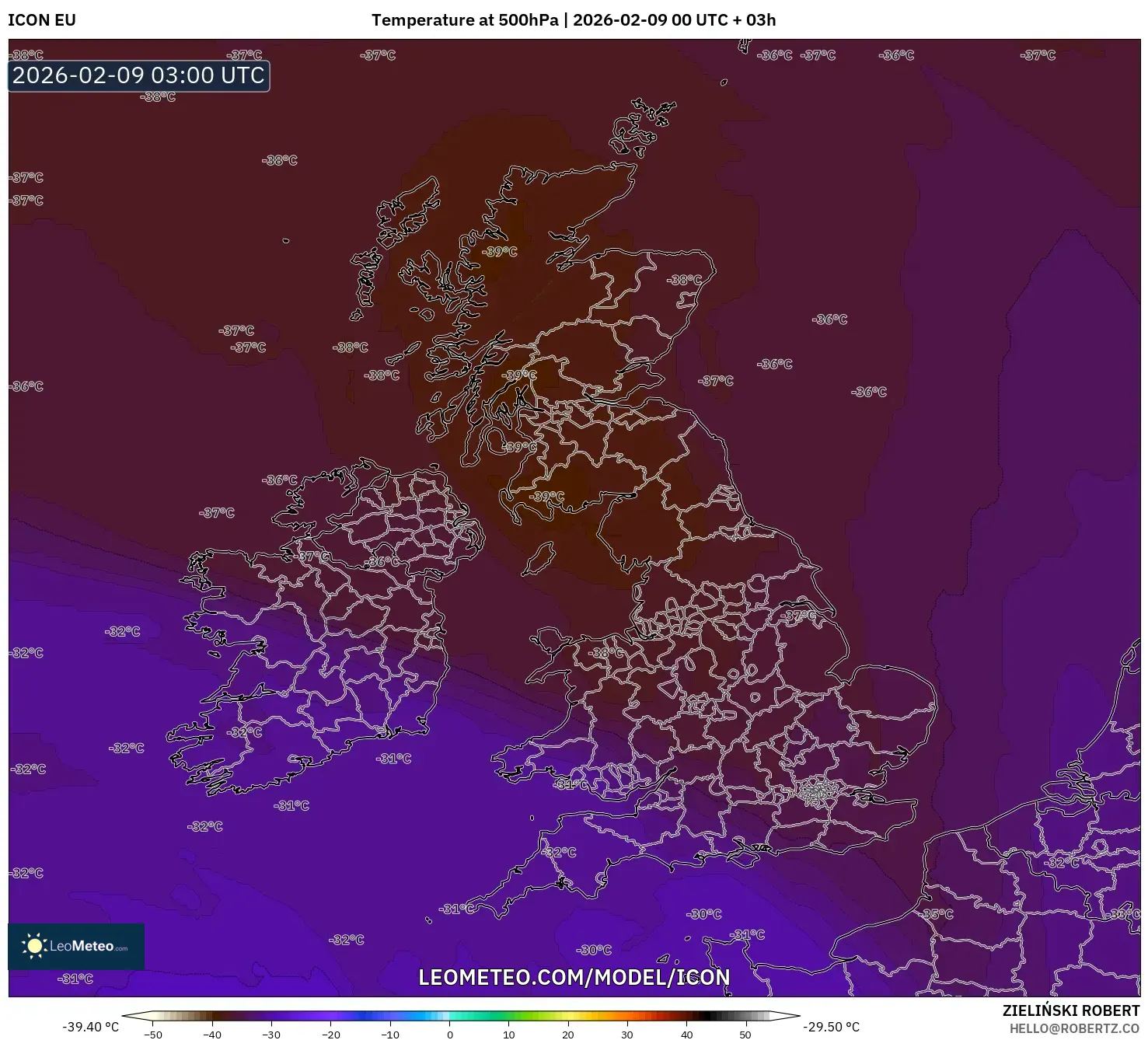 ICON model - United Kingdom, Suhu 500 hPa