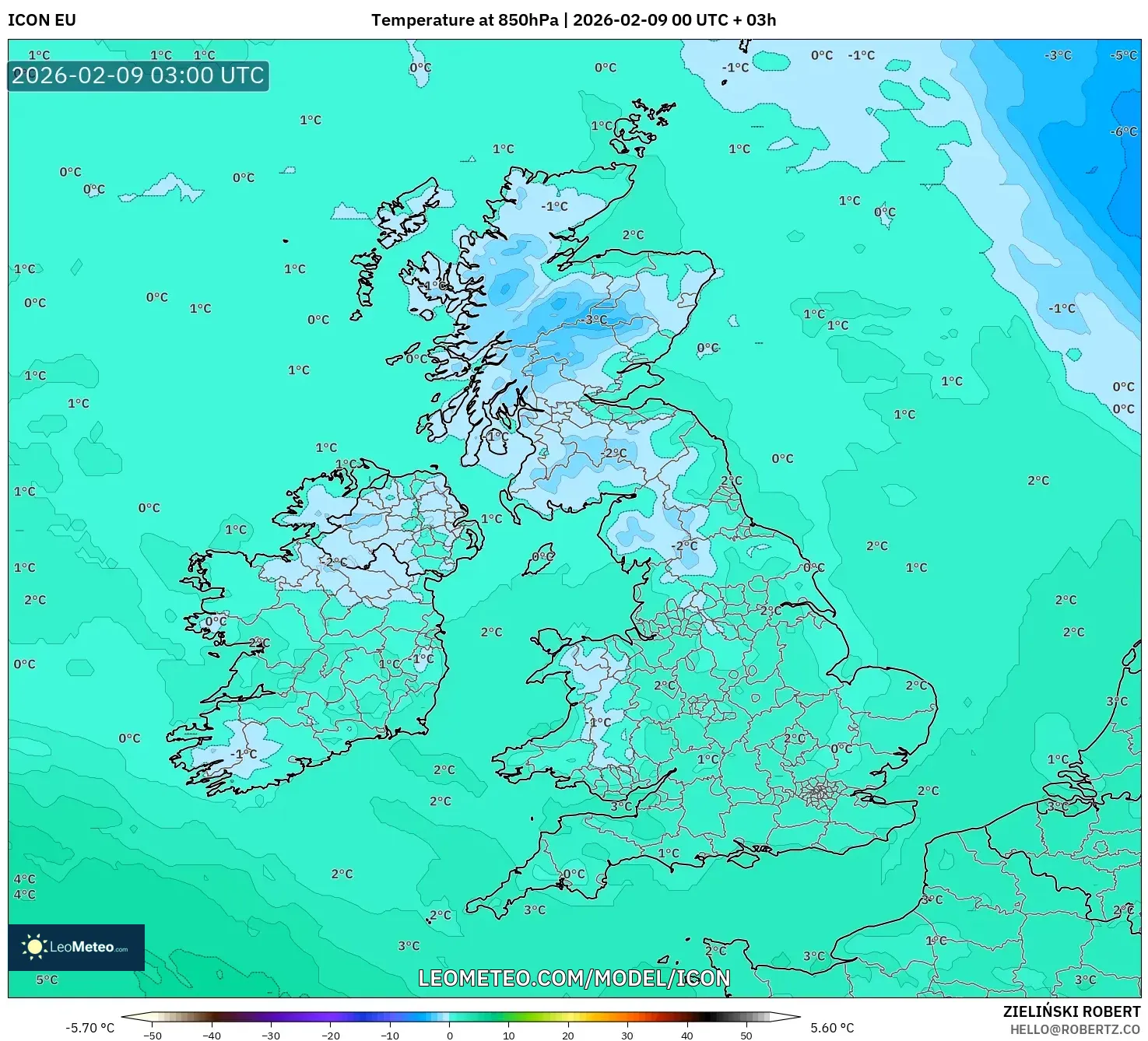 ICON model - United Kingdom, Suhu 850 hPa