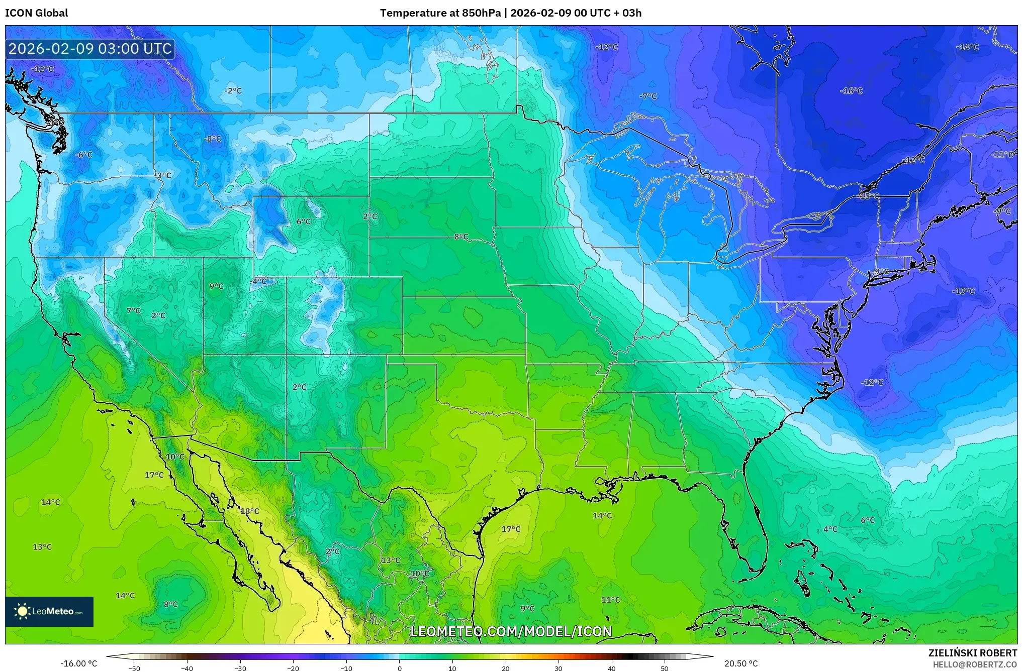 ICON model - Amerika Syarikat, Suhu 850 hPa