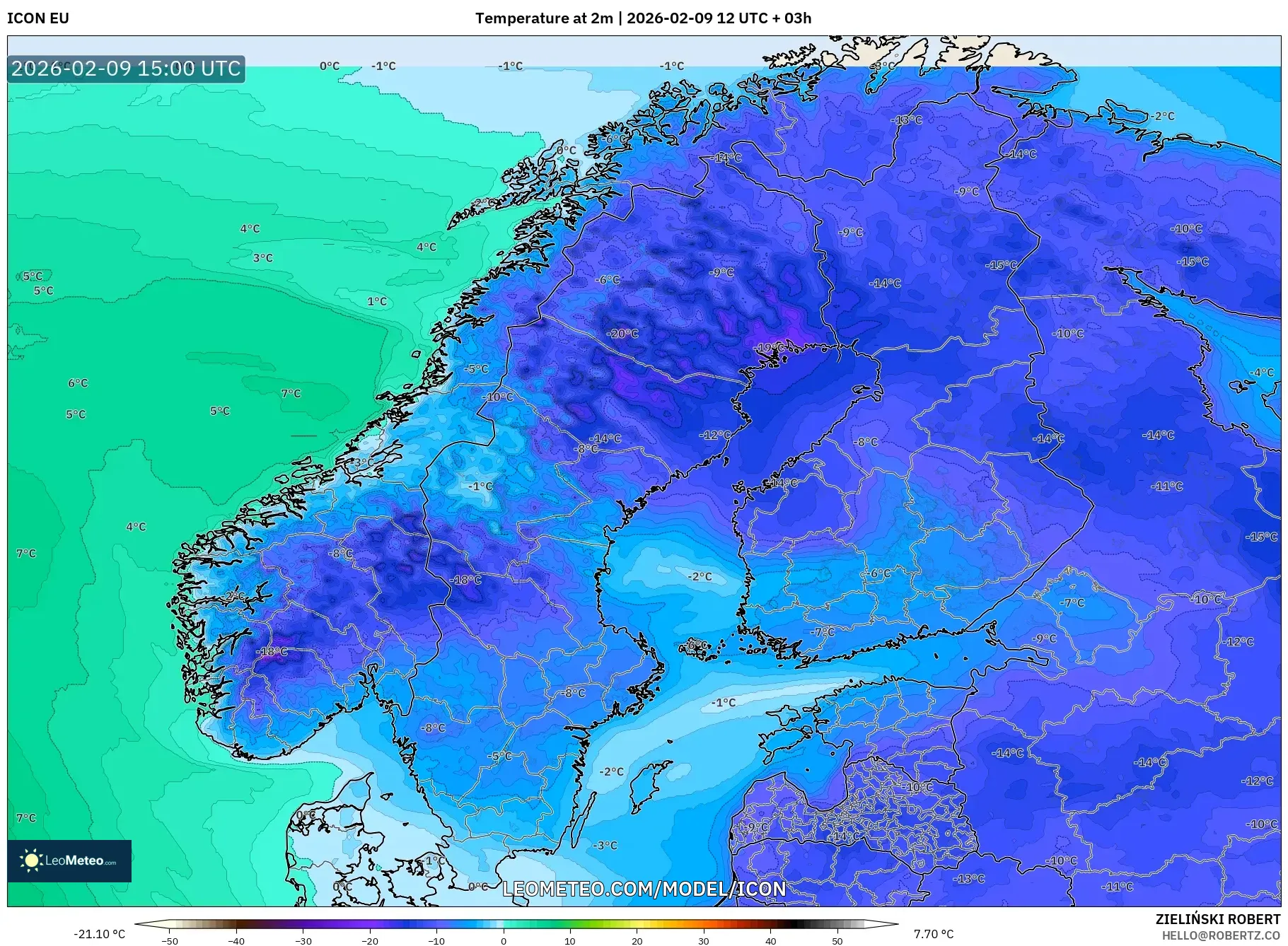 ICON model - Scandinavia, Temperature at 2m