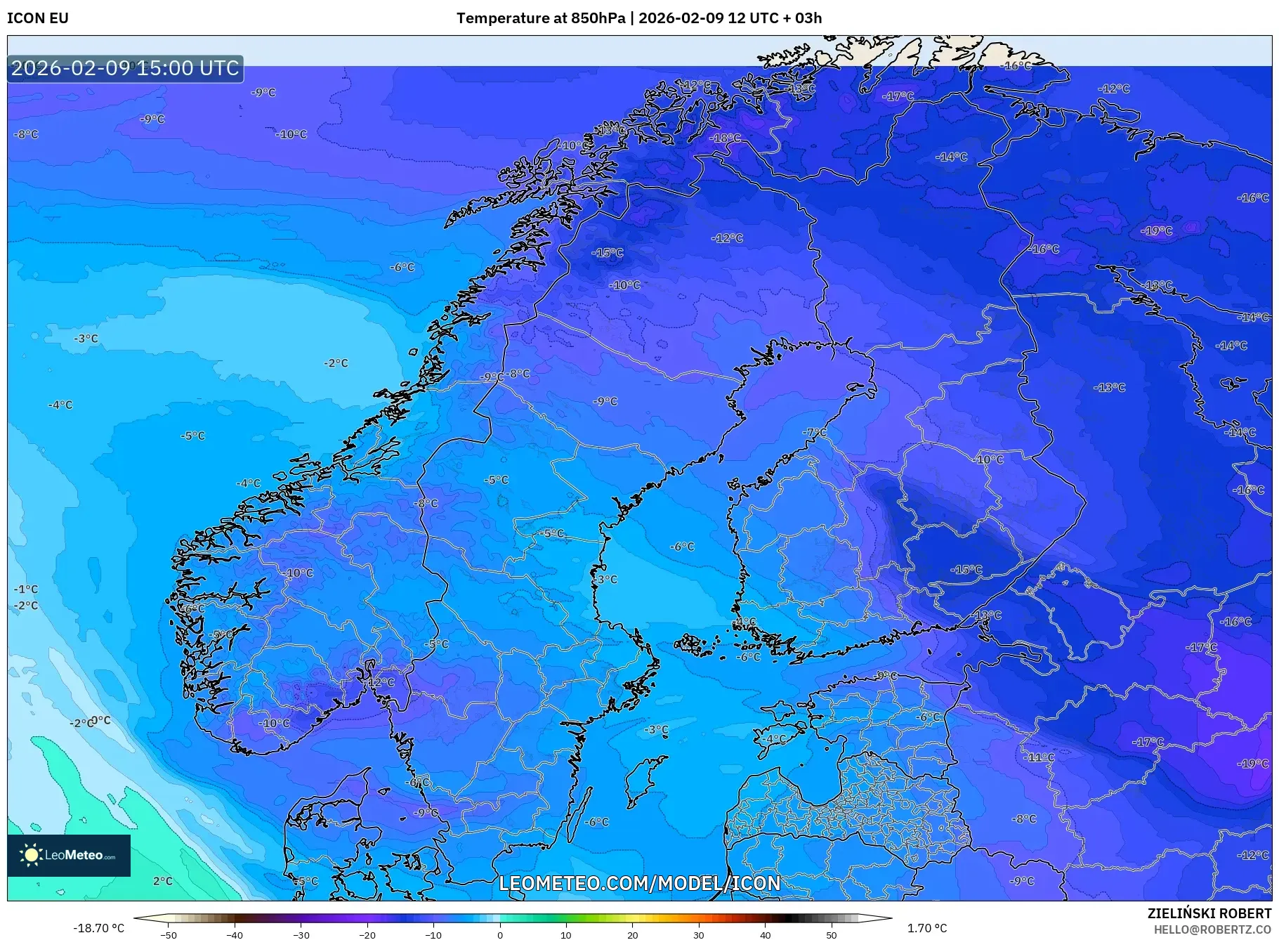 ICON model - Scandinavia, Temperature at 850hPa