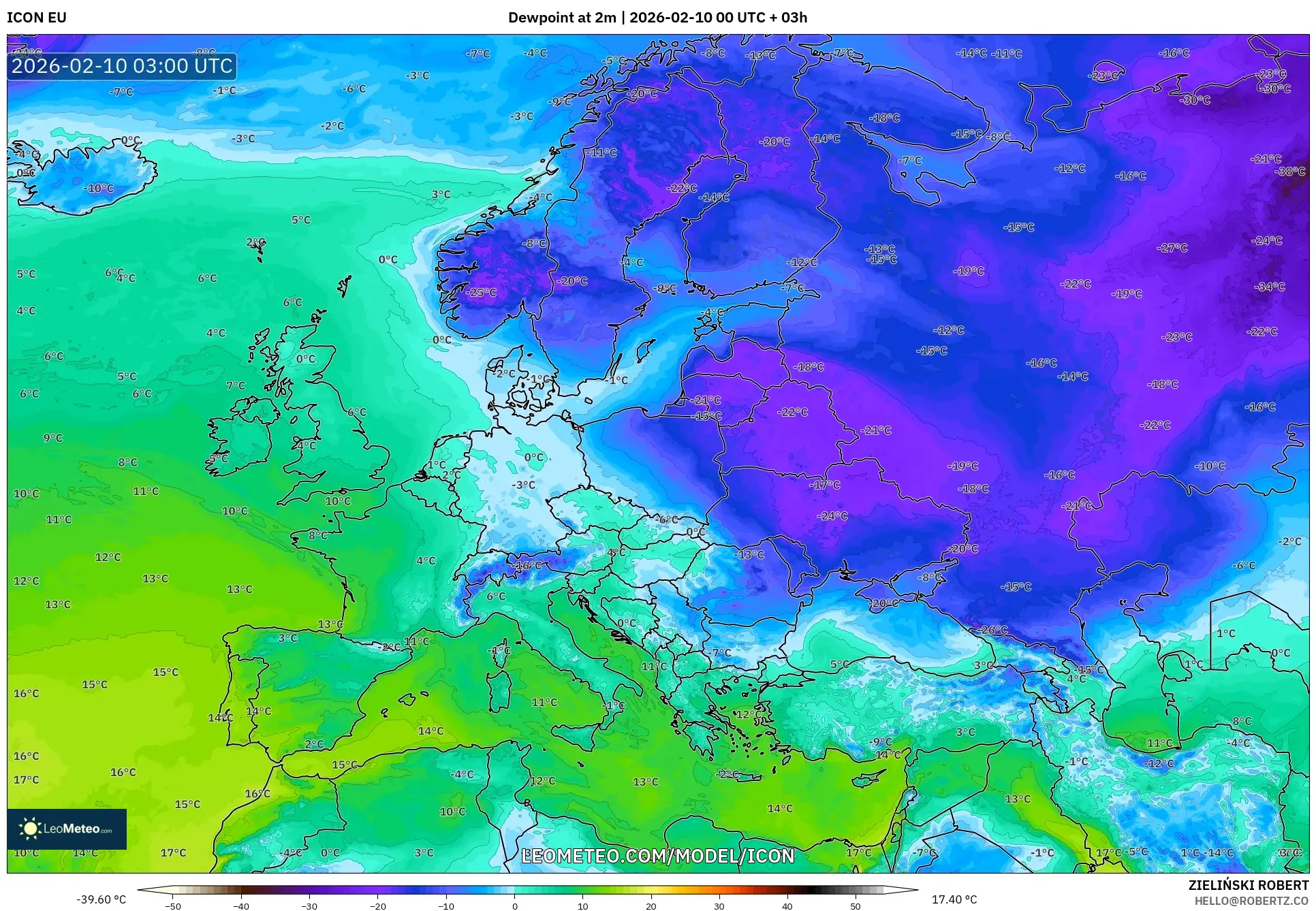 ICON model - Europe, Dewpoint at 2m