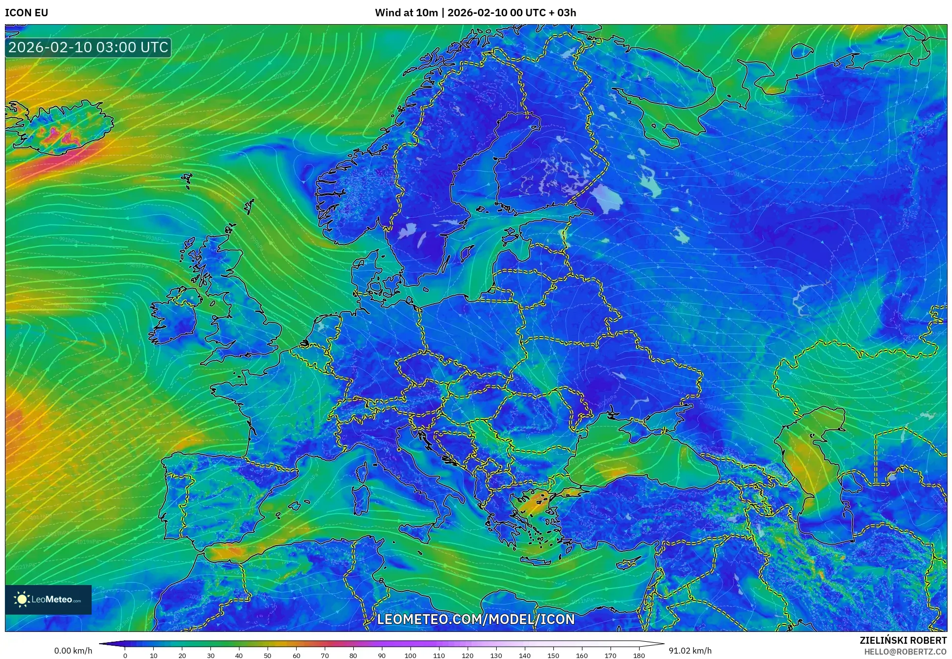 ICON model - Europe, Wind at 10m