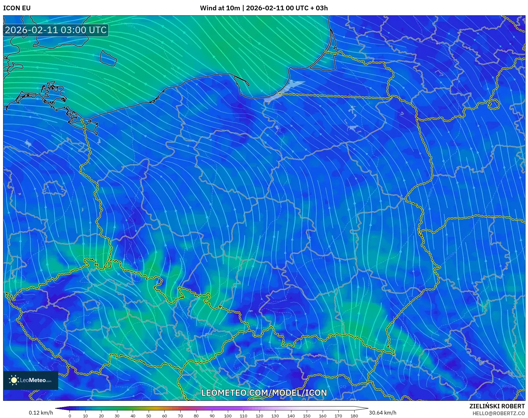 ICON model - Poland, Wind at 10m