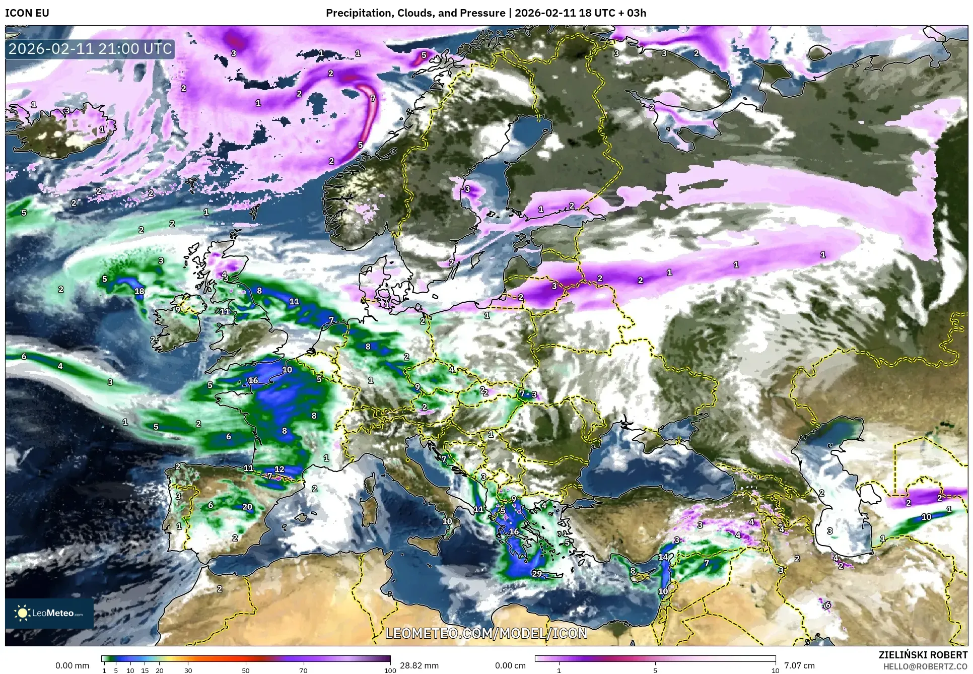 ICON model - Europe, Precipitation, Clouds, and Pressure