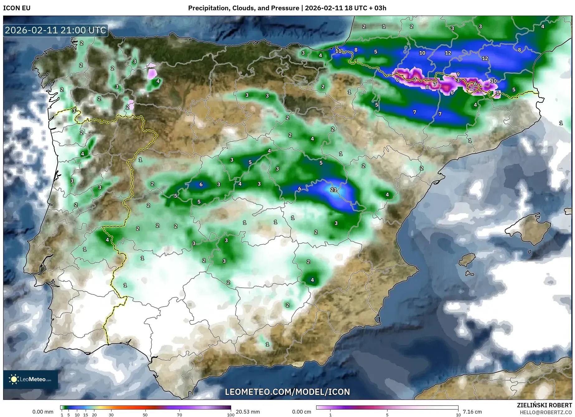 ICON model - Spain, Precipitation, Clouds, and Pressure