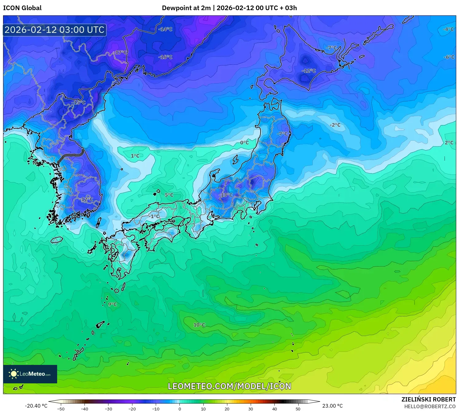 ICON model - Japan, Dewpoint at 2m