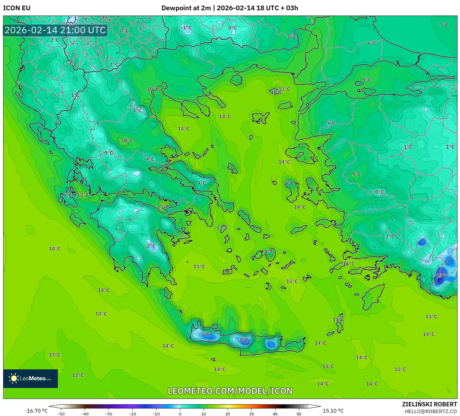 ICON model - Greece, Dewpoint at 2m