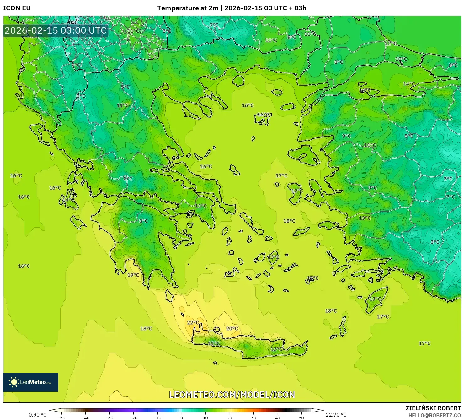 ICON model - Greece, Temperature at 2m
