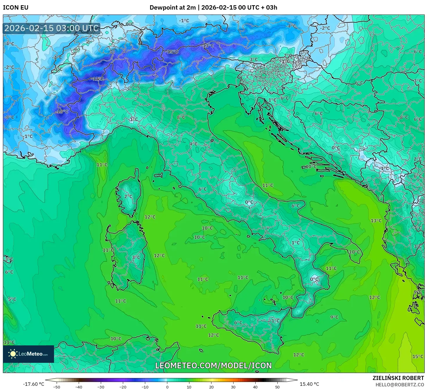 ICON model - Italy, Dewpoint at 2m