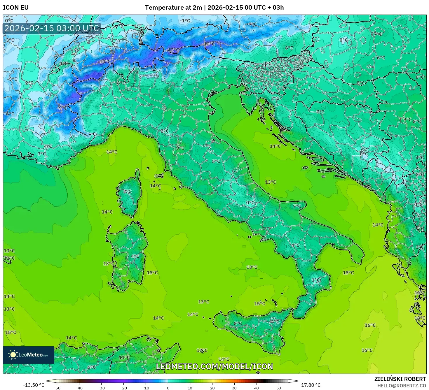 ICON model - Italy, Temperature at 2m