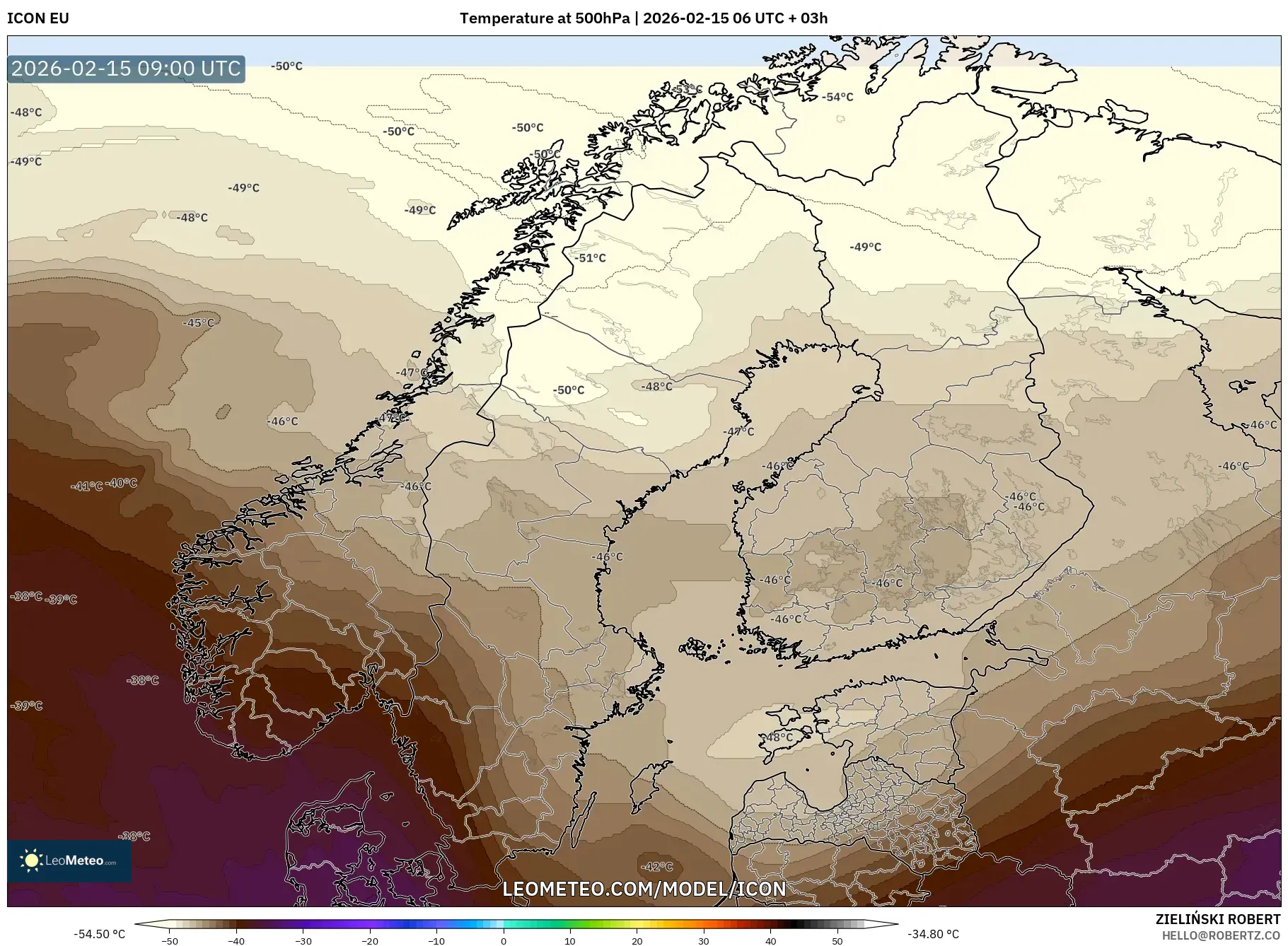 ICON model - Scandinavia, Temperature at 500hPa