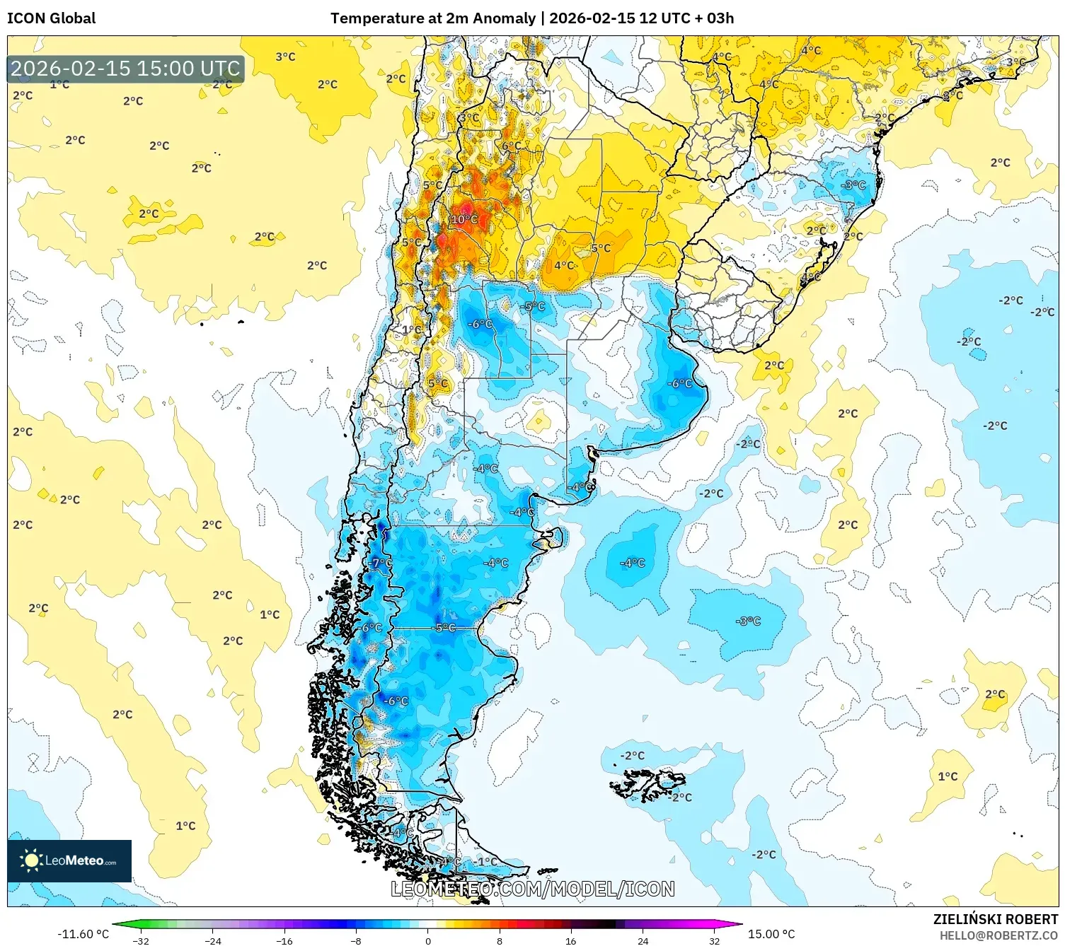 ICON model - Argentina, Temperature at 2m Anomaly