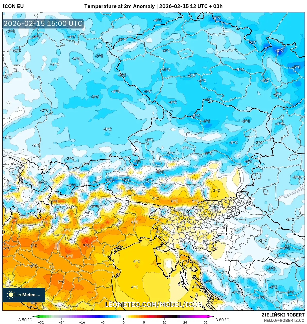 ICON model - Austria, Temperature at 2m Anomaly