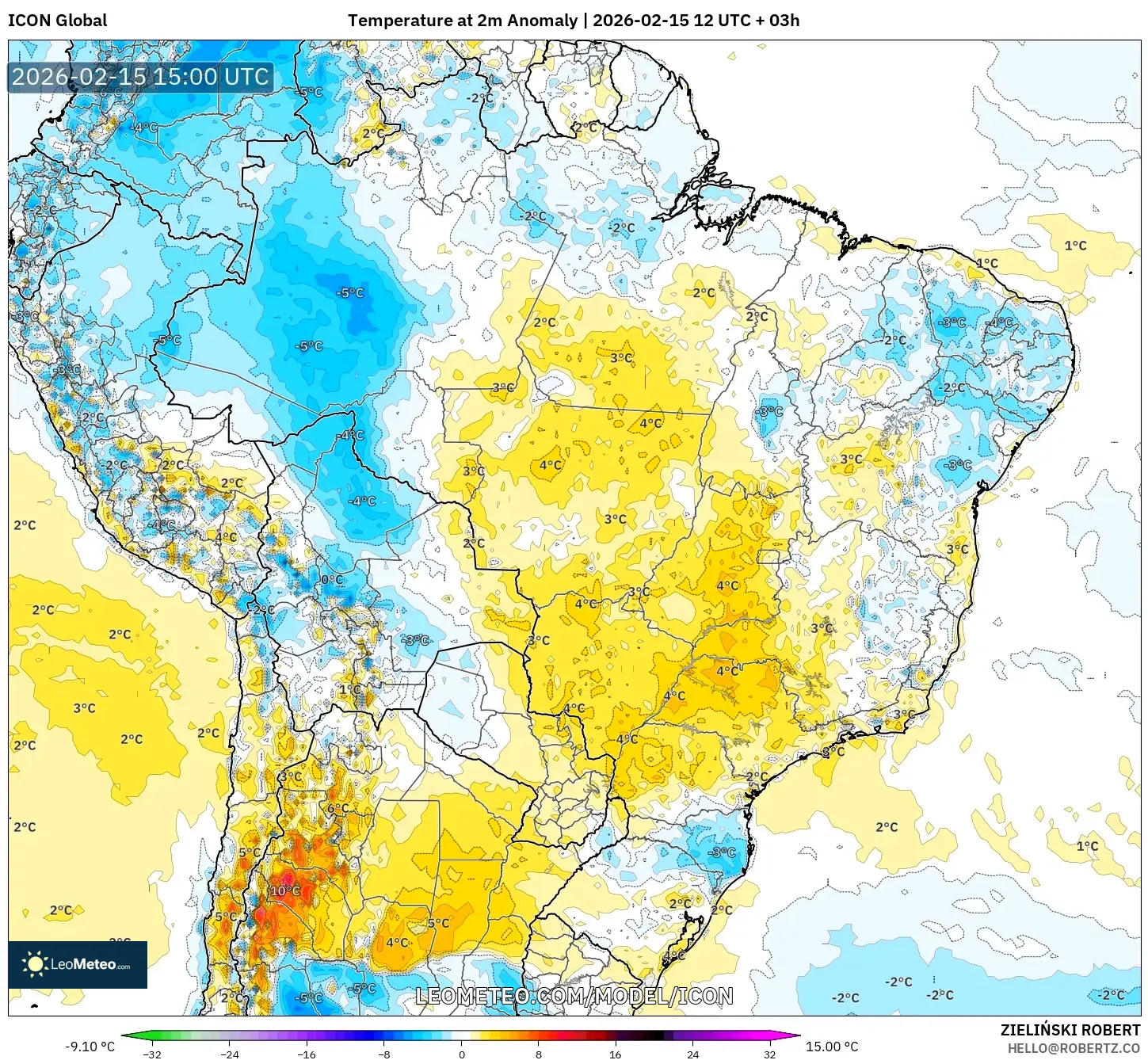 ICON model - Brazil, Temperature at 2m Anomaly