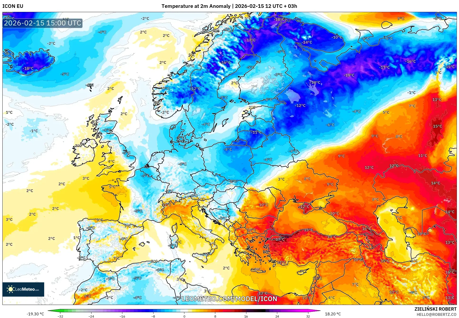 ICON model - Europe, Temperature at 2m Anomaly