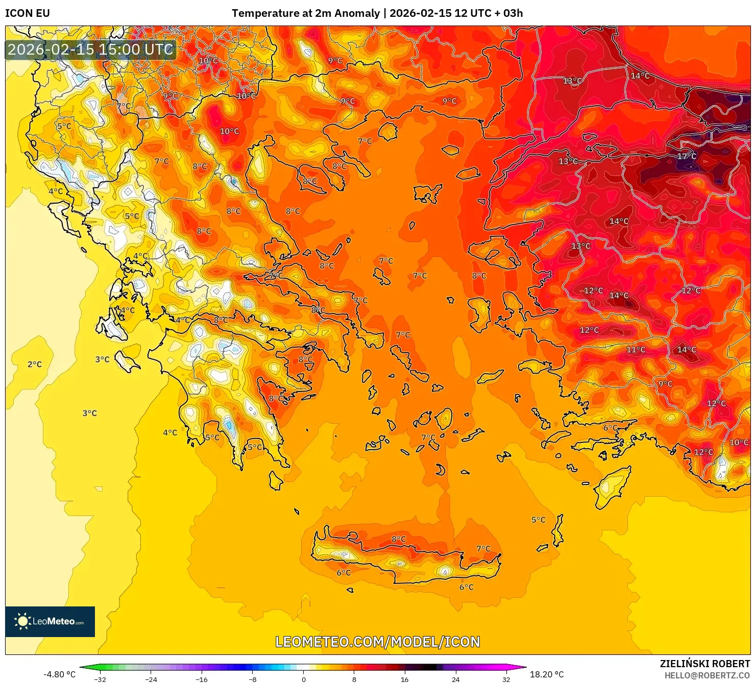 ICON model - Greece, Temperature at 2m Anomaly