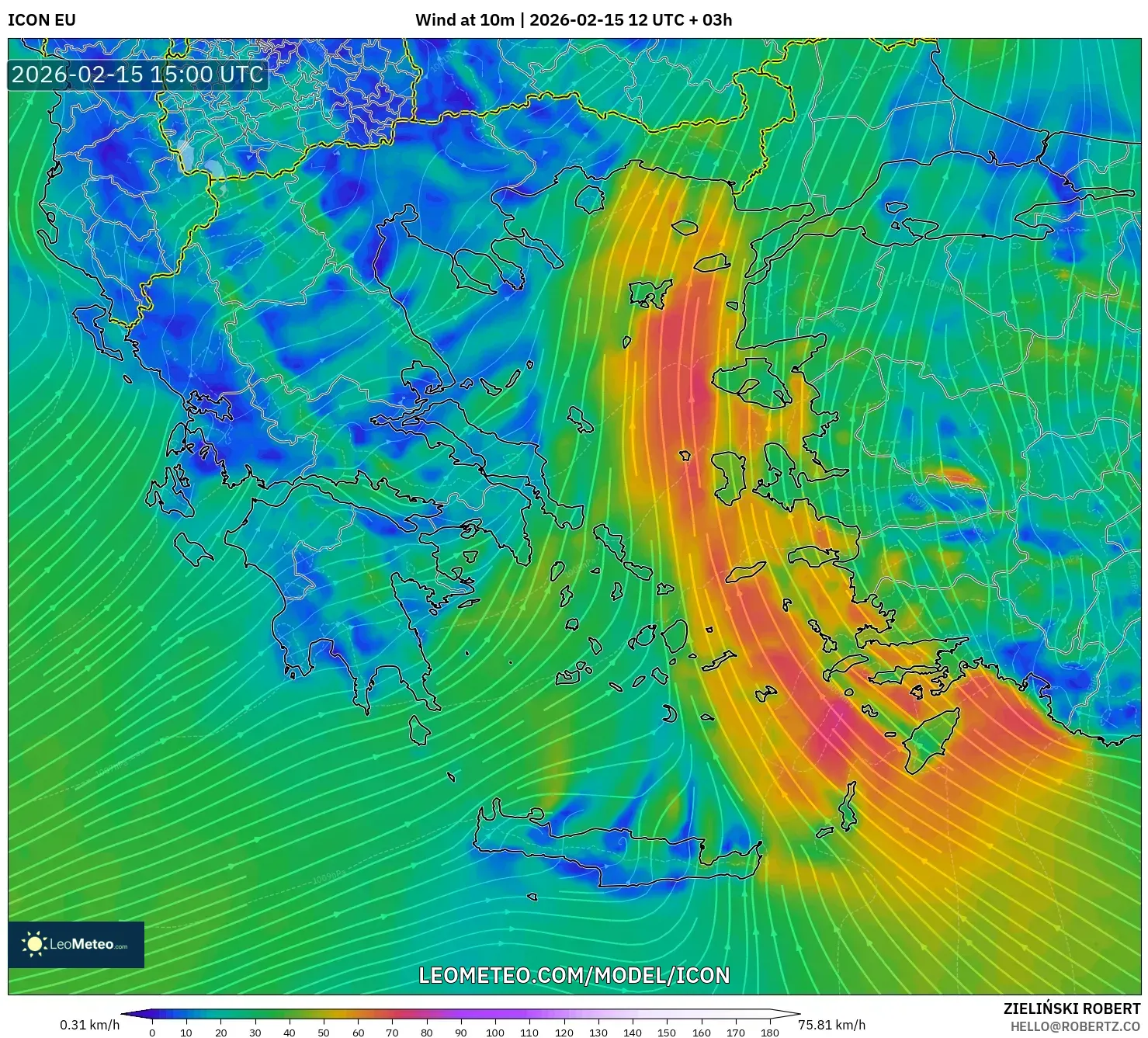 ICON model - Greece, Wind at 10m