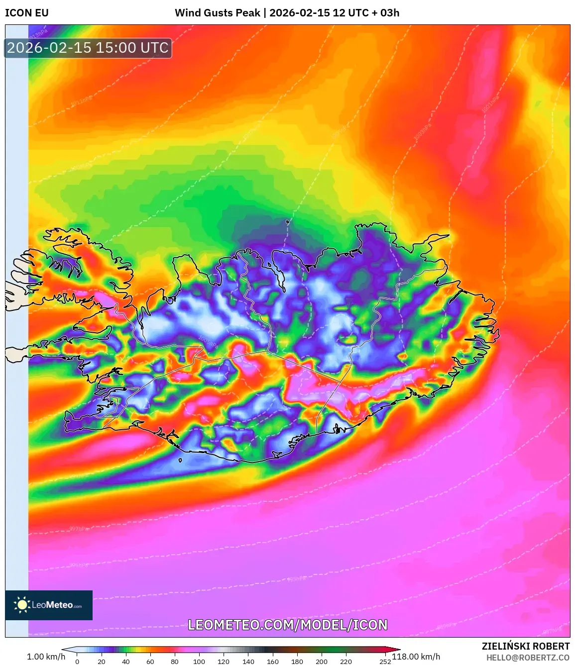 ICON model - Iceland, Wind Gusts Peak