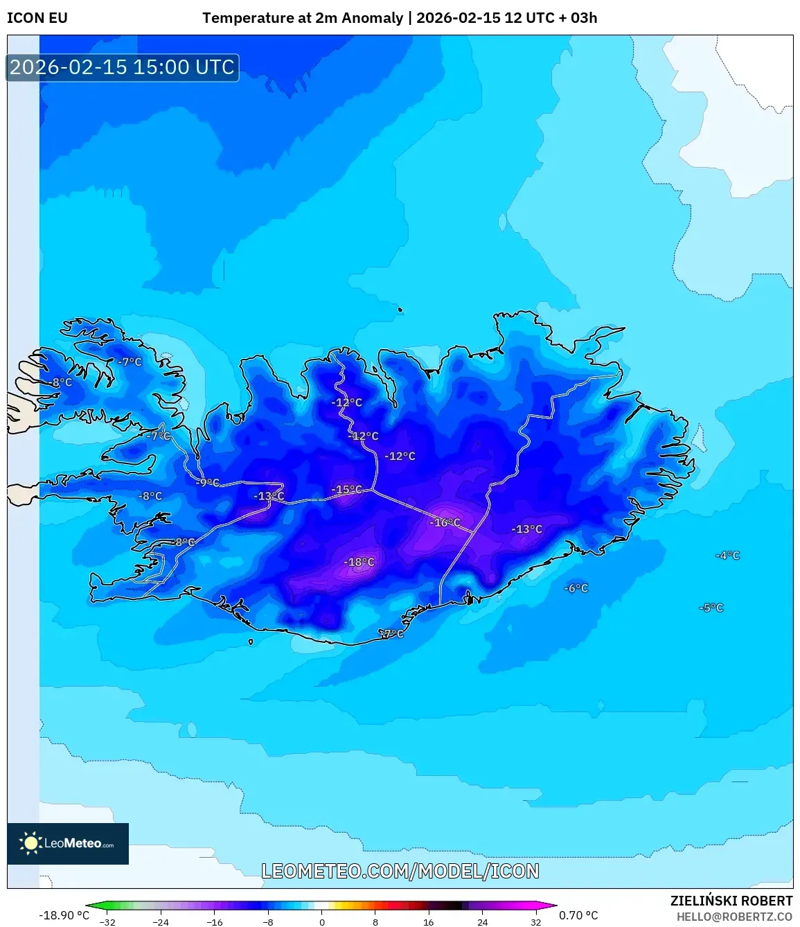 ICON model - Iceland, Temperature at 2m Anomaly