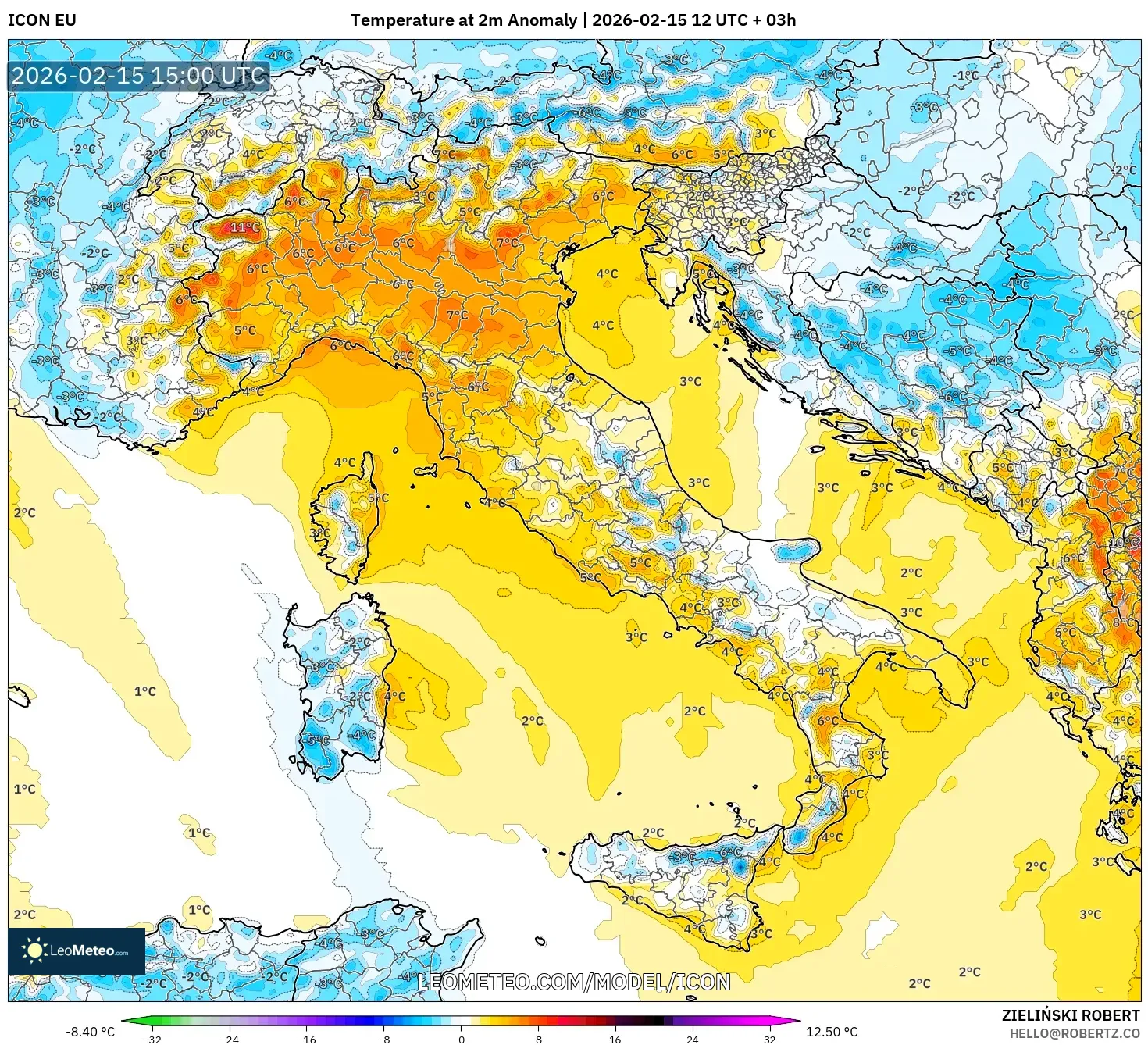 ICON model - Italy, Temperature at 2m Anomaly