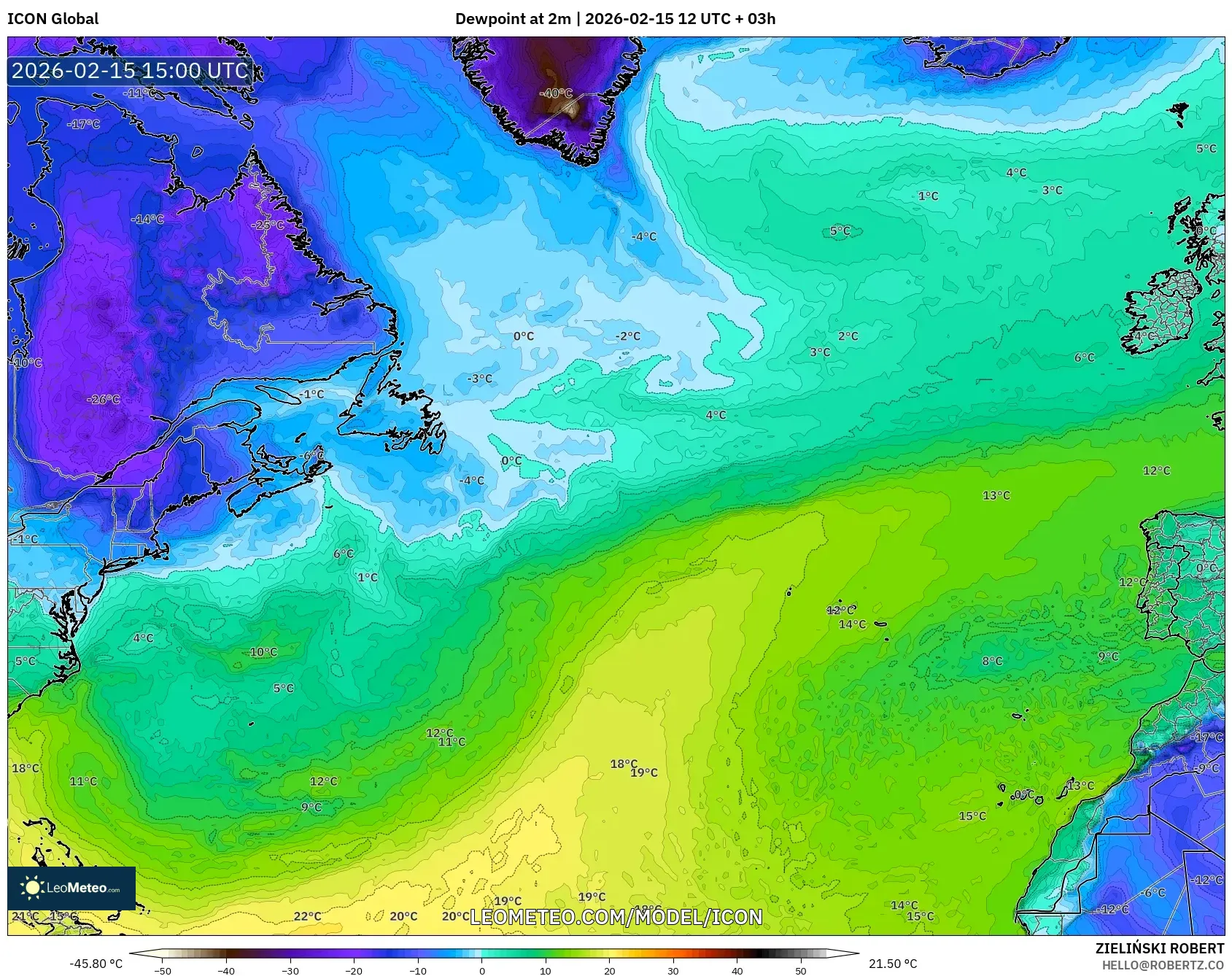 ICON model - North Atlantic, Dewpoint at 2m