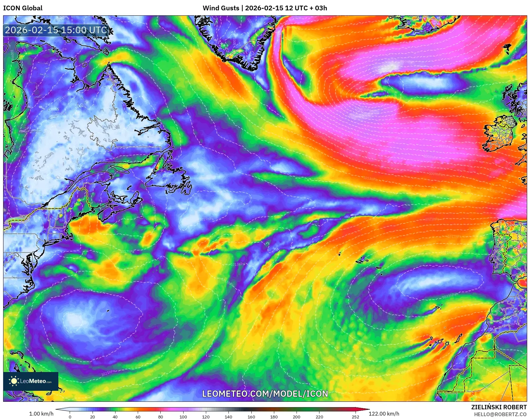 ICON model - North Atlantic, Wind Gusts