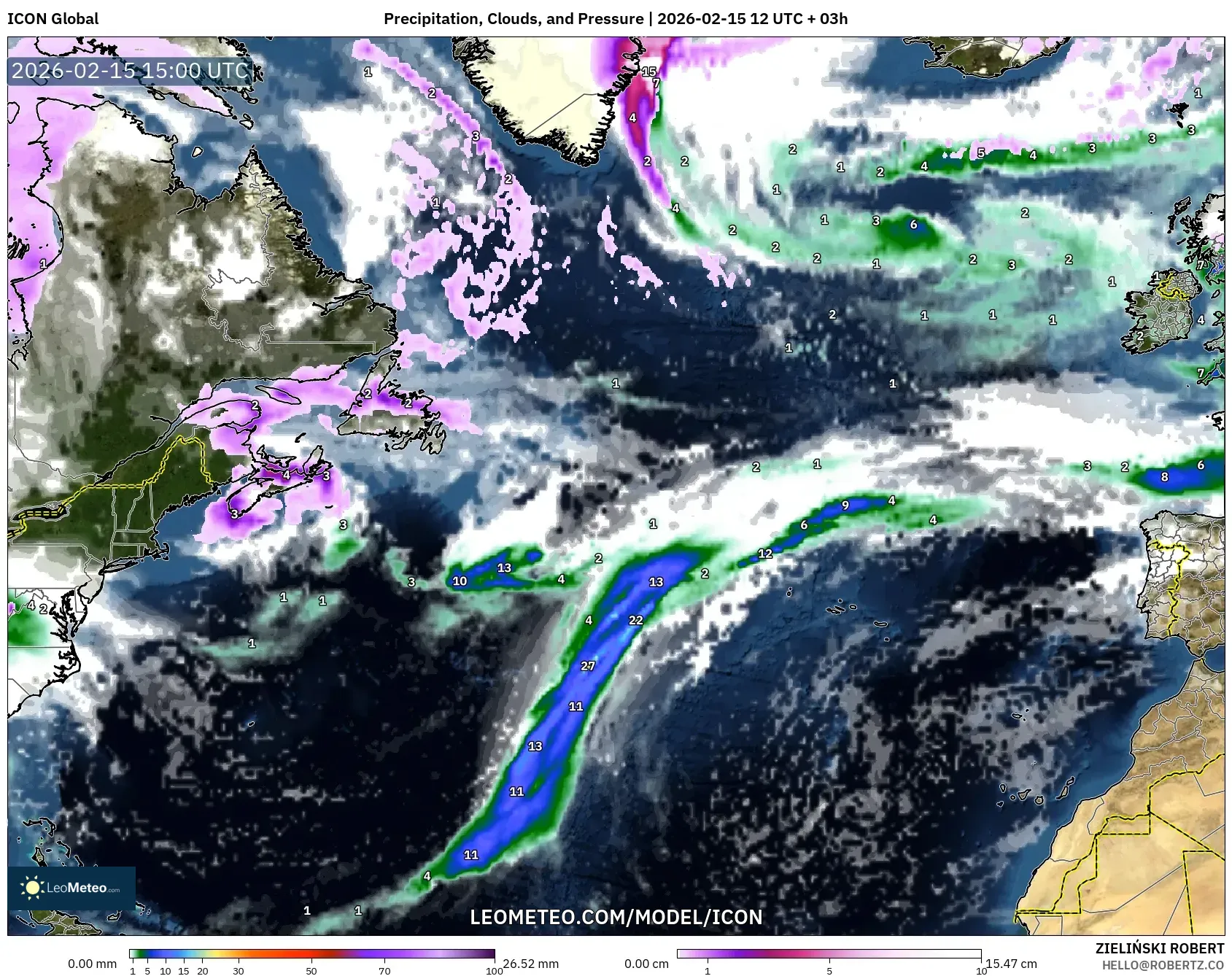 ICON model - North Atlantic, Precipitation, Clouds, and Pressure