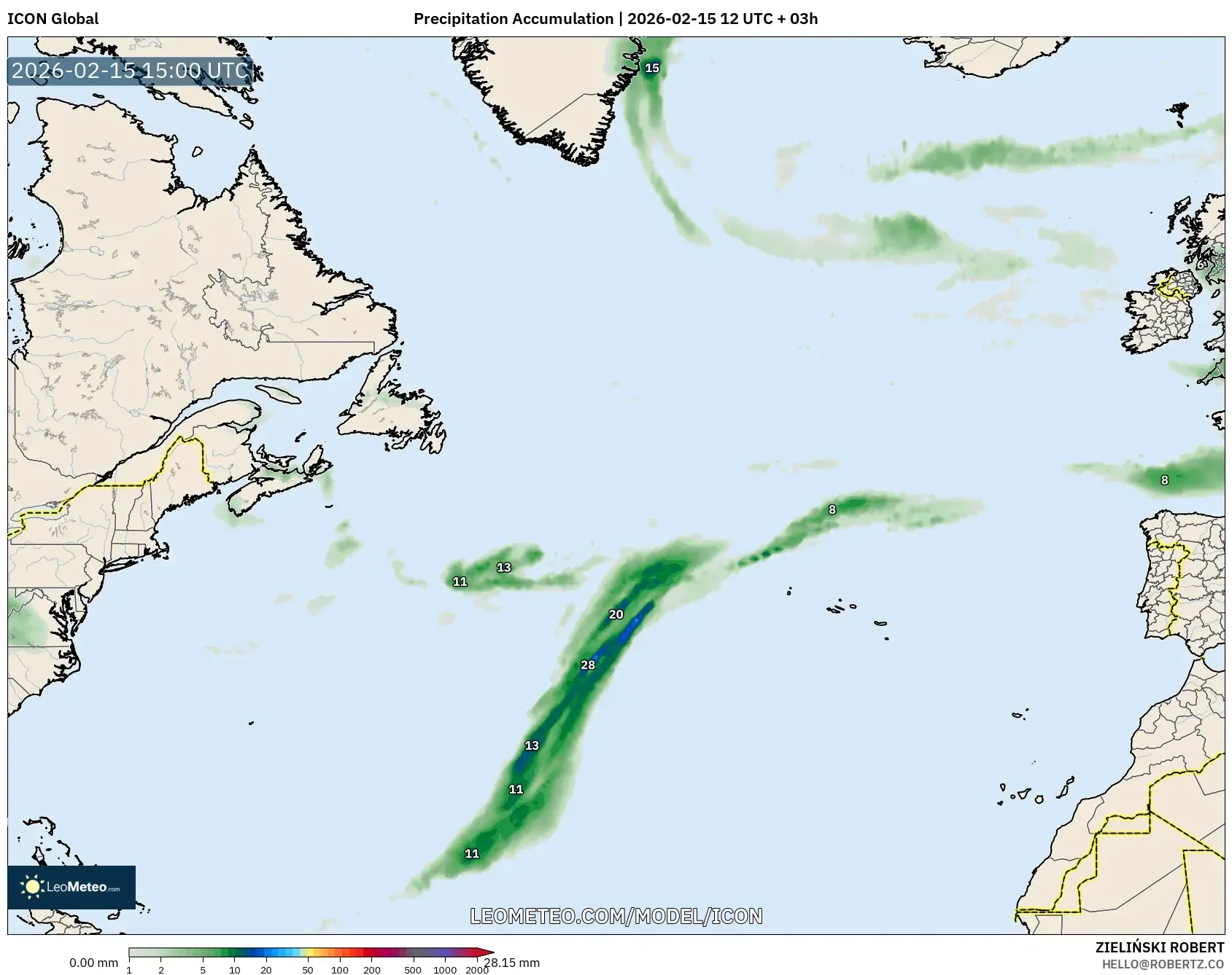 ICON model - North Atlantic, Precipitation Accumulation