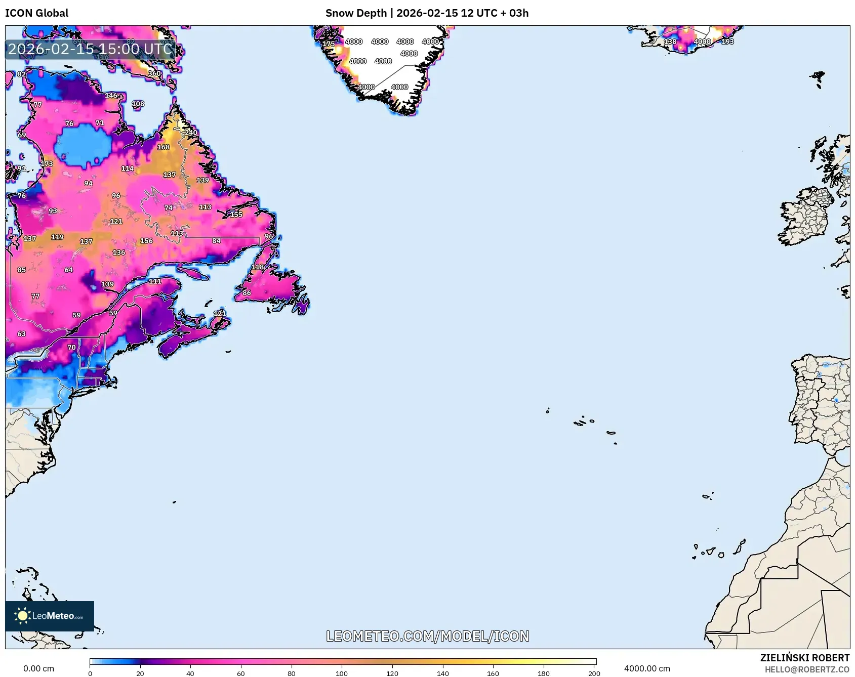ICON model - North Atlantic, Snow Depth